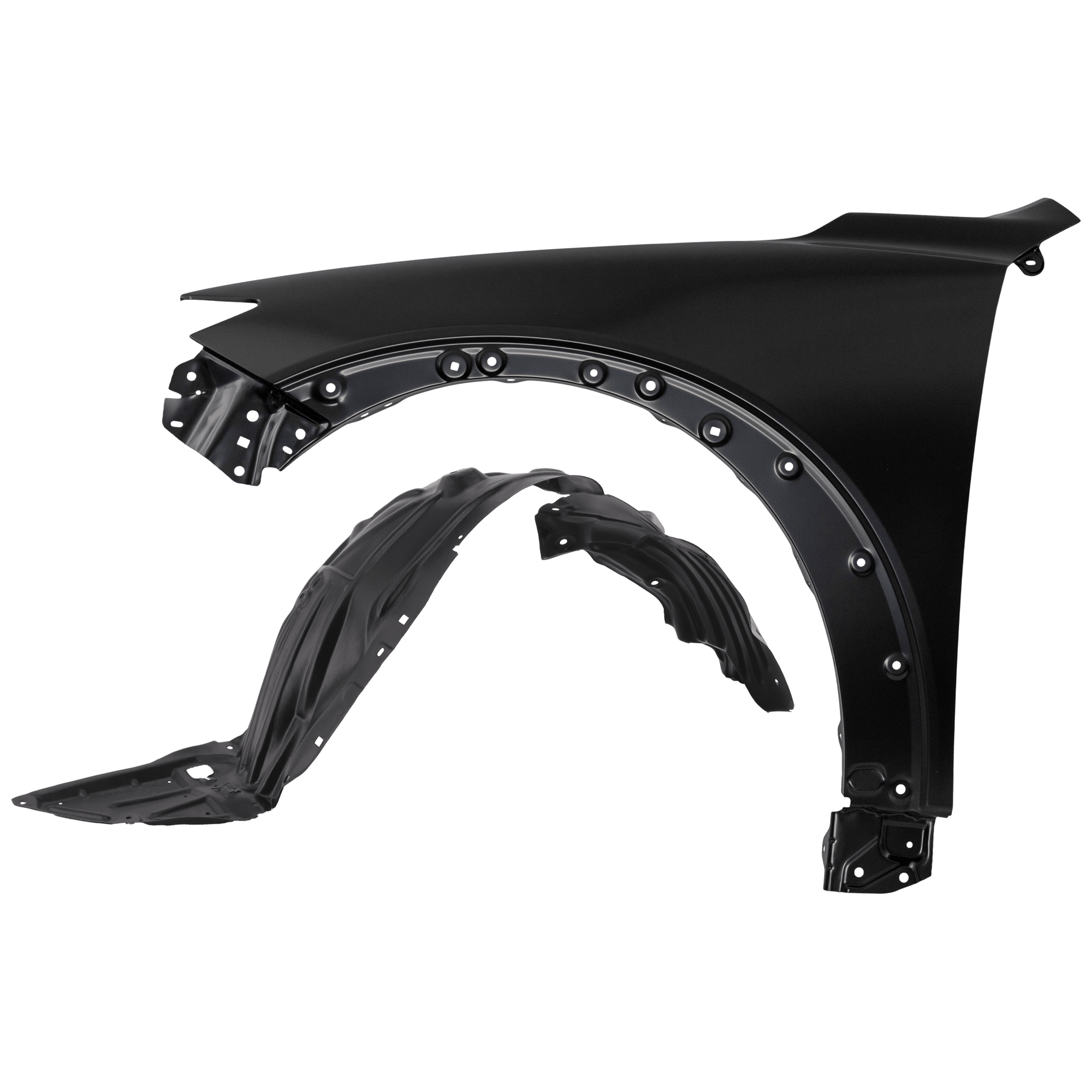 AM CX 3-16-22 FRONT FENDER LH Primed 2 pc kit with 1 Fender and 1 Fender Liner SKU KIT 050926 AE1455 Partslink MA1240177 MA1248148 OEM D10E52211C D10E52211B D10E5614