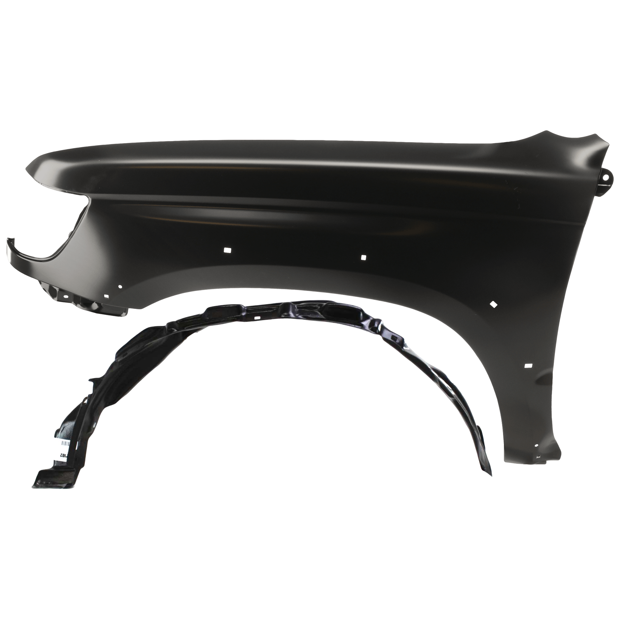 AM 4RUNNER 99-02 FRONT FENDER LH Primed 6 Cyl w Fender Flare Holes 2 pc kit with 1 Fender and 1 Fender Liner SKU KIT 050926 AE1513 Partslink TO1240166 TO1250106 OEM 5380235640-5387635040