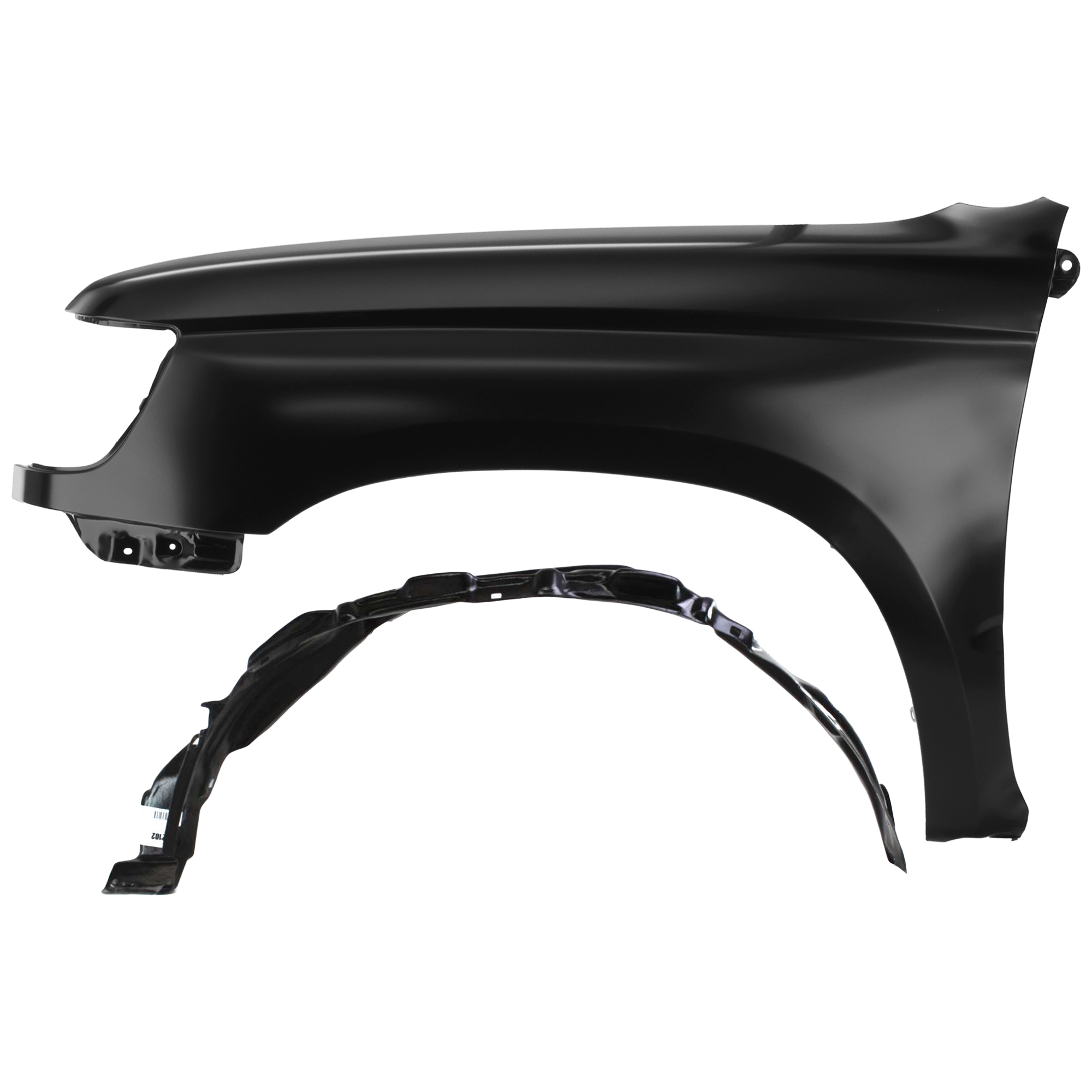 AM 4RUNNER 99-02 FRONT FENDER LH Primed 4 Cyl 6Cyl w o Fender Flare Holes 2 pc kit with 1 Fender and 1 Fender Liner SKU KIT 050926 AE1514 Partslink TO1240165 TO1250106 OEM 5380235630-5387635040