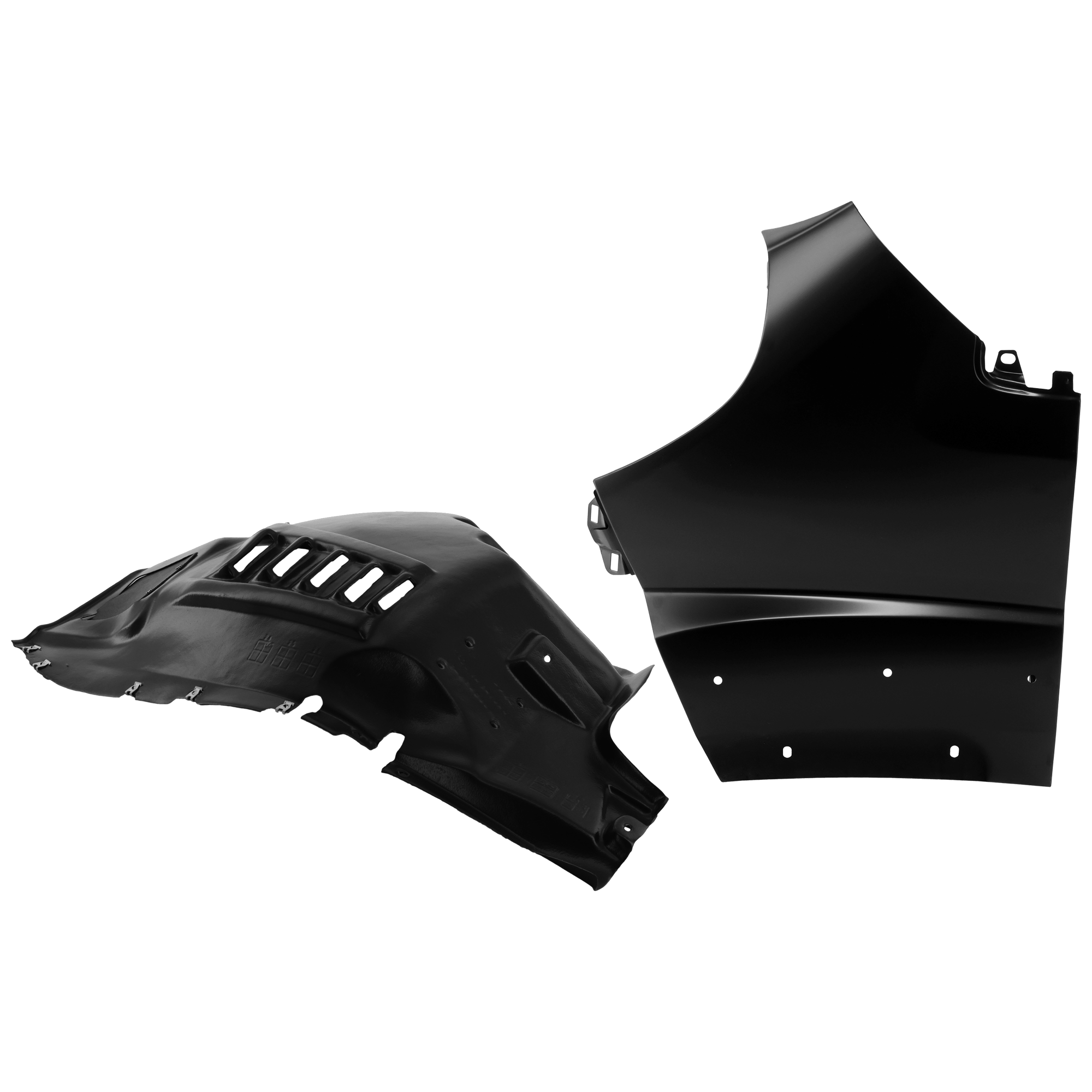 AM PROMASTER 1500-14-22 PROMASTER 2500-14-22 FRONT FENDER LH Primed Steel w Molding Hole 2 pc kit with 1 Fender and 1 Fender Liner SKU KIT 050926 AE1526 Partslink CH1240286 CH1248197 OEM 68213478AB 68193703AC