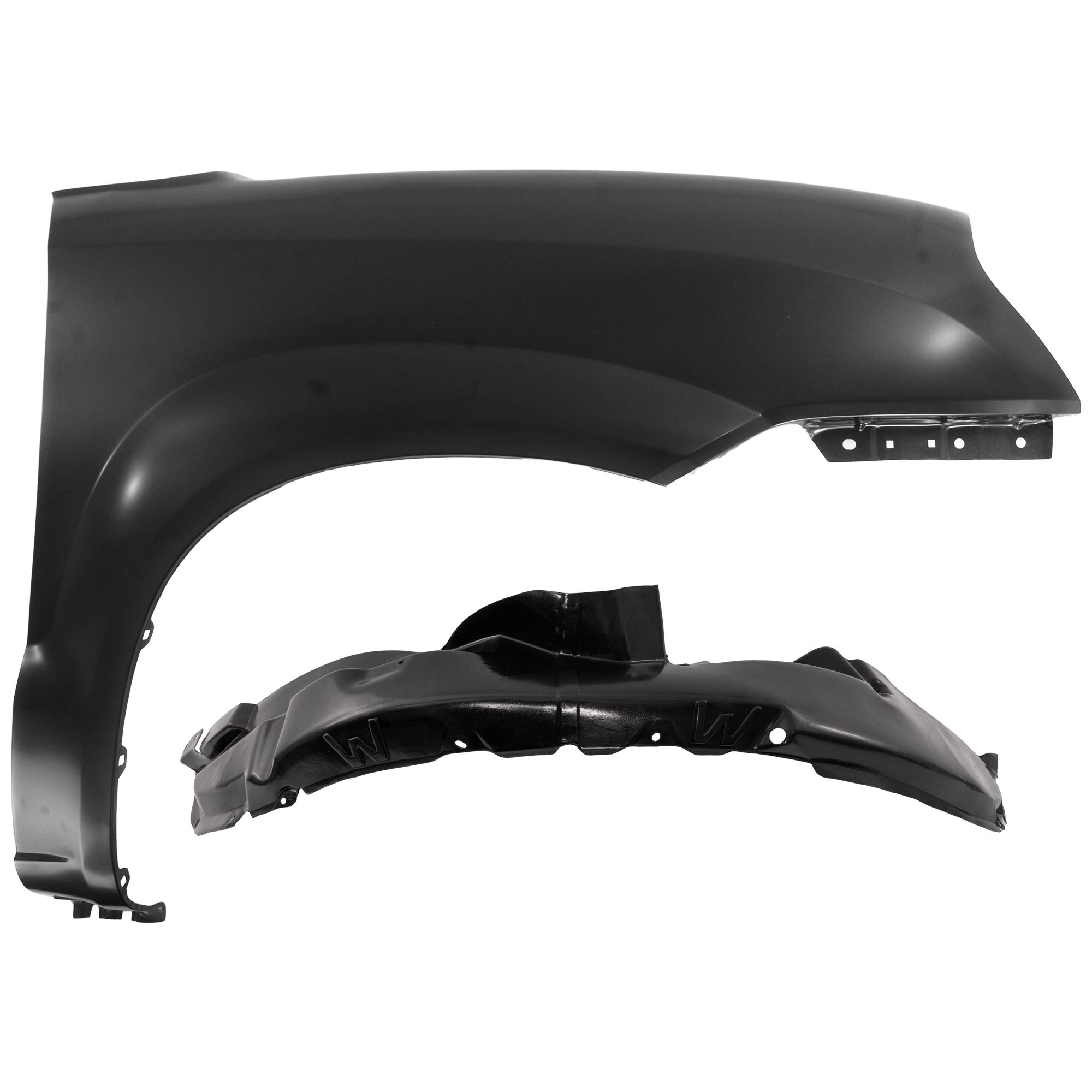 AM TUCSON 05-09 FRONT FENDER RH Primed 2.0L Eng w o Signal Light and Side Cladding Hole 2 pc kit with 1 Fender and 1 Fender Liner SKU KIT 050926 AE1536 Partslink HY1241135 HY1251111 OEM 663212E100-868122E000