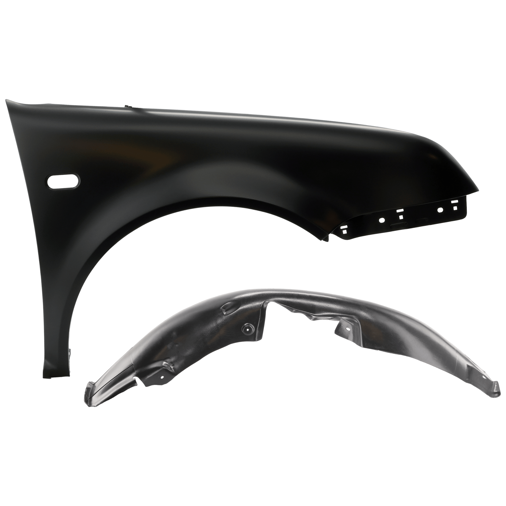 AM JETTA 99-05 FRONT FENDER RH Primed 4th Gen w Side Lamp Holes 2 pc kit with 1 Fender and 1 Fender Liner SKU KIT 050926 AE1586 Partslink VW1241129 VW1241130 VW1249103 OEM 1J5821022-1J0809962B 1JM809958