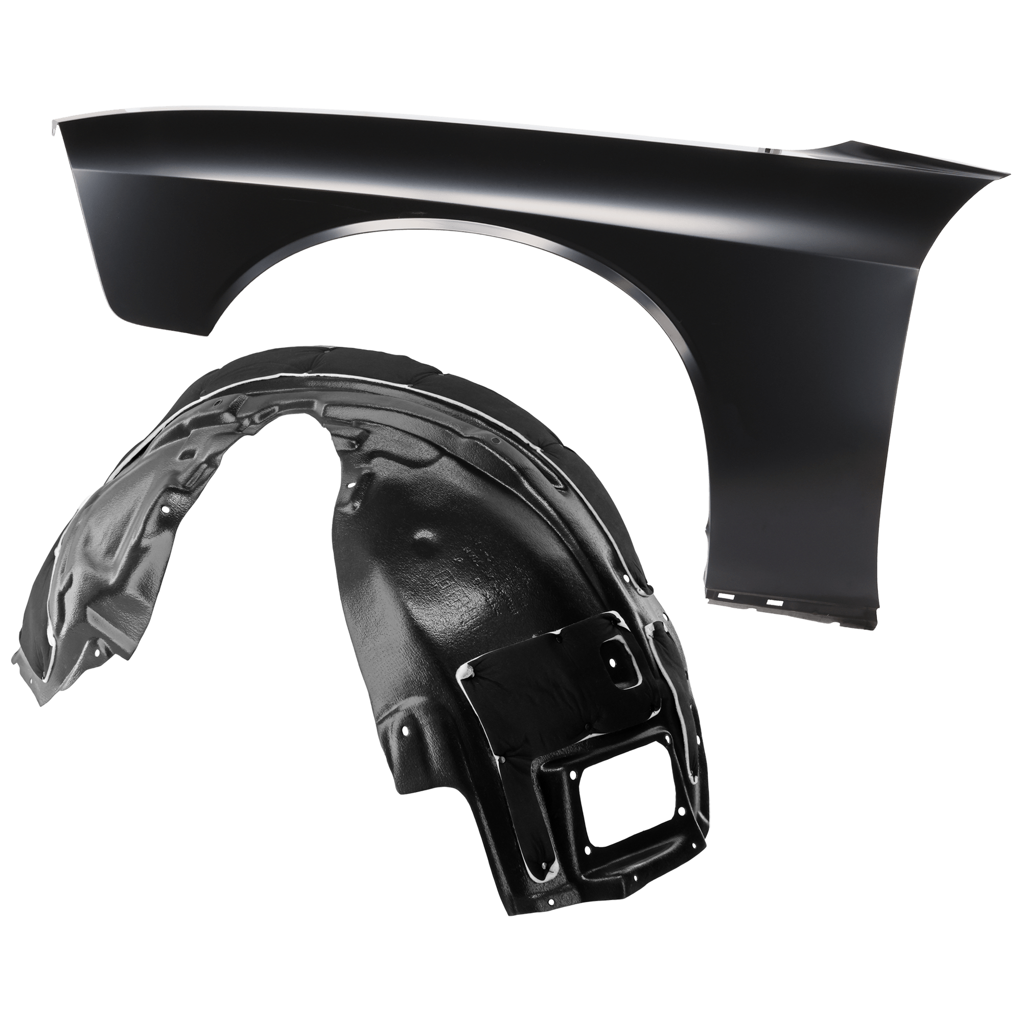 AM CHALLENGER 18-23 FRONT FENDER LH Primed Steel w o Wide Body Option 2 pc kit with 1 Fender and 1 Fender Liner SKU KIT 050926 AE1590 Partslink CH1240285 CH1248215 OEM 68275471AA 68319961AE 68319963
