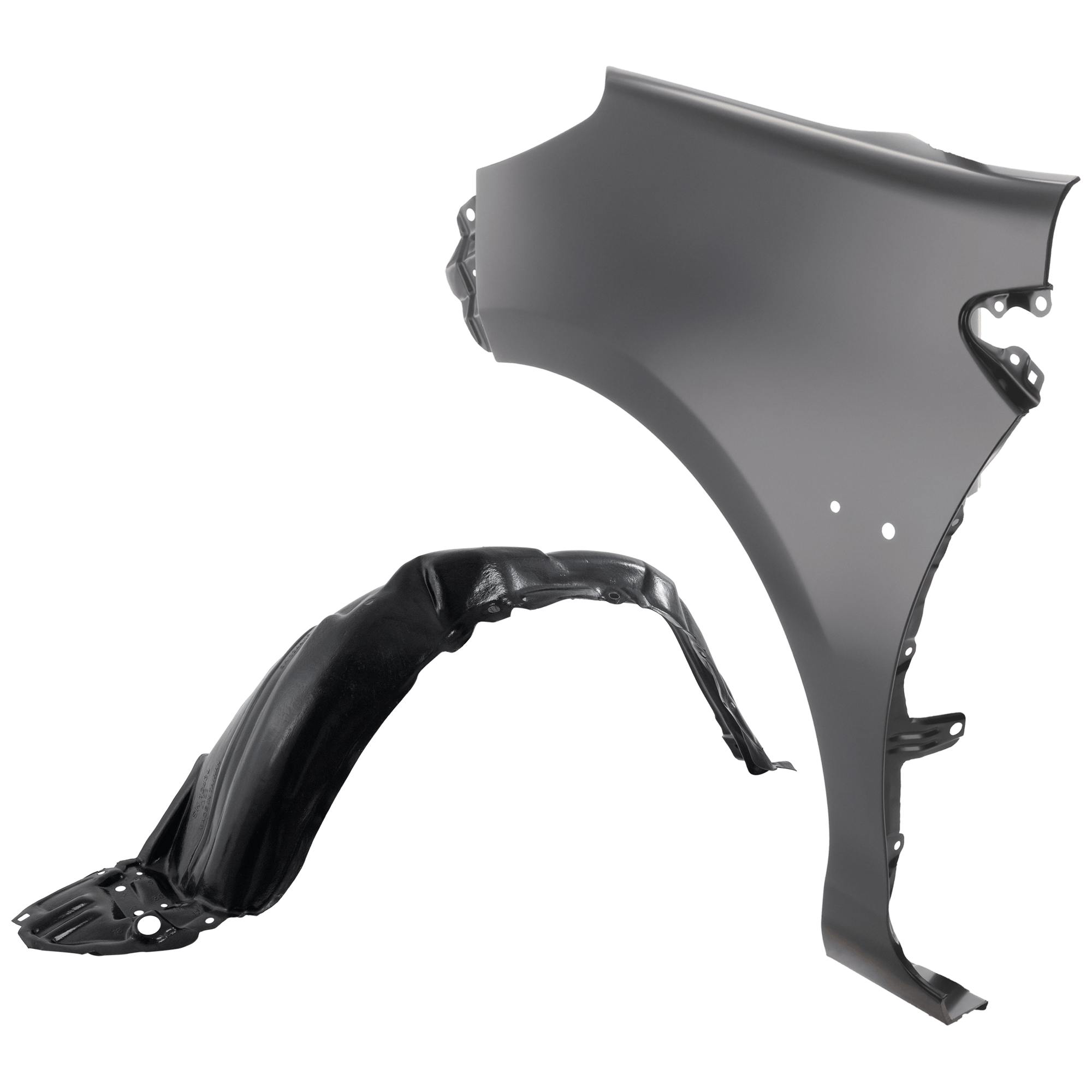 AM PRIUS C 12-14 FRONT FENDER LH Primed Steel 2 pc kit with 1 Fender and 1 Fender Liner SKU KIT 050926 AE1673 Partslink TO1240241 TO1248186 OEM 5380252130-5387652350