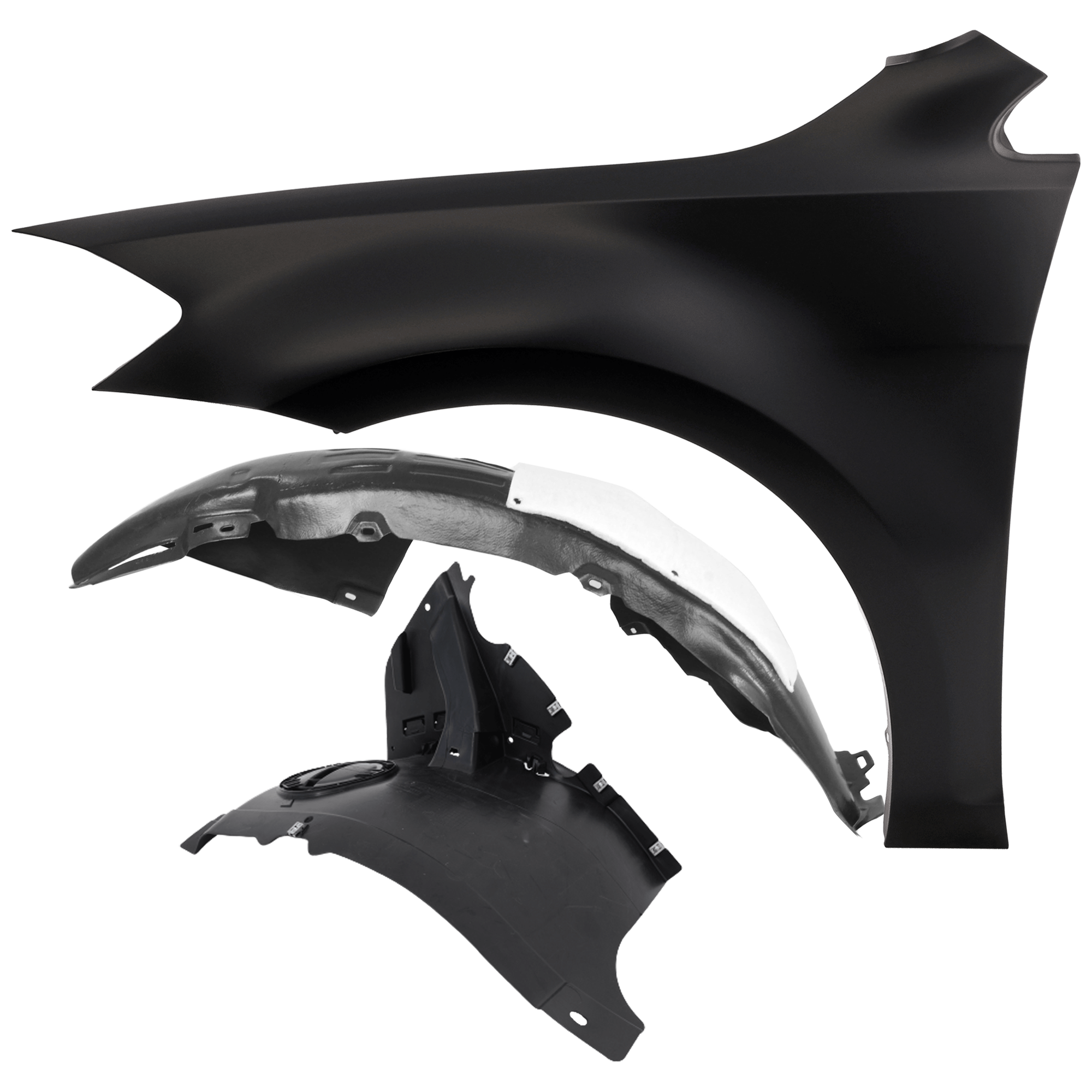 AM GOLF GTI 18-21 FRONT FENDER LH 3 pc Kit Primed with Fender Liners SKU KIT 050926 AE821 Partslink VW1240152 VW1248148 VW1248146 OEM 5G0821105B 5G0805911AJ 5G08059