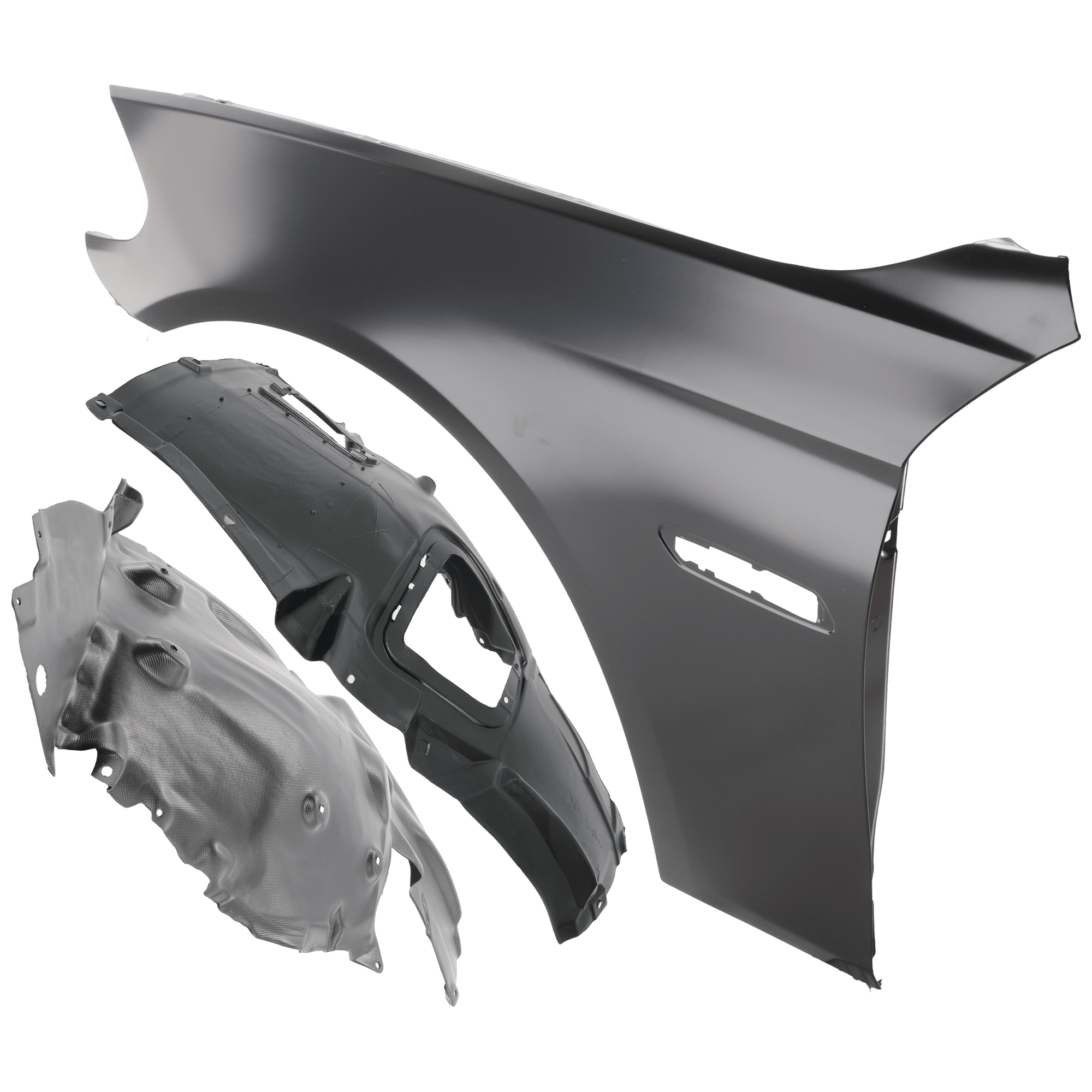 AM 5 SERIES 11-16 FRONT FENDER LH 3 pc Kit Primed with Fender Liners SKU KIT 050926 AE840 Partslink BM1240150 BM1248124 BM1248123 OEM 41357248659 PFM 51717186723-51
