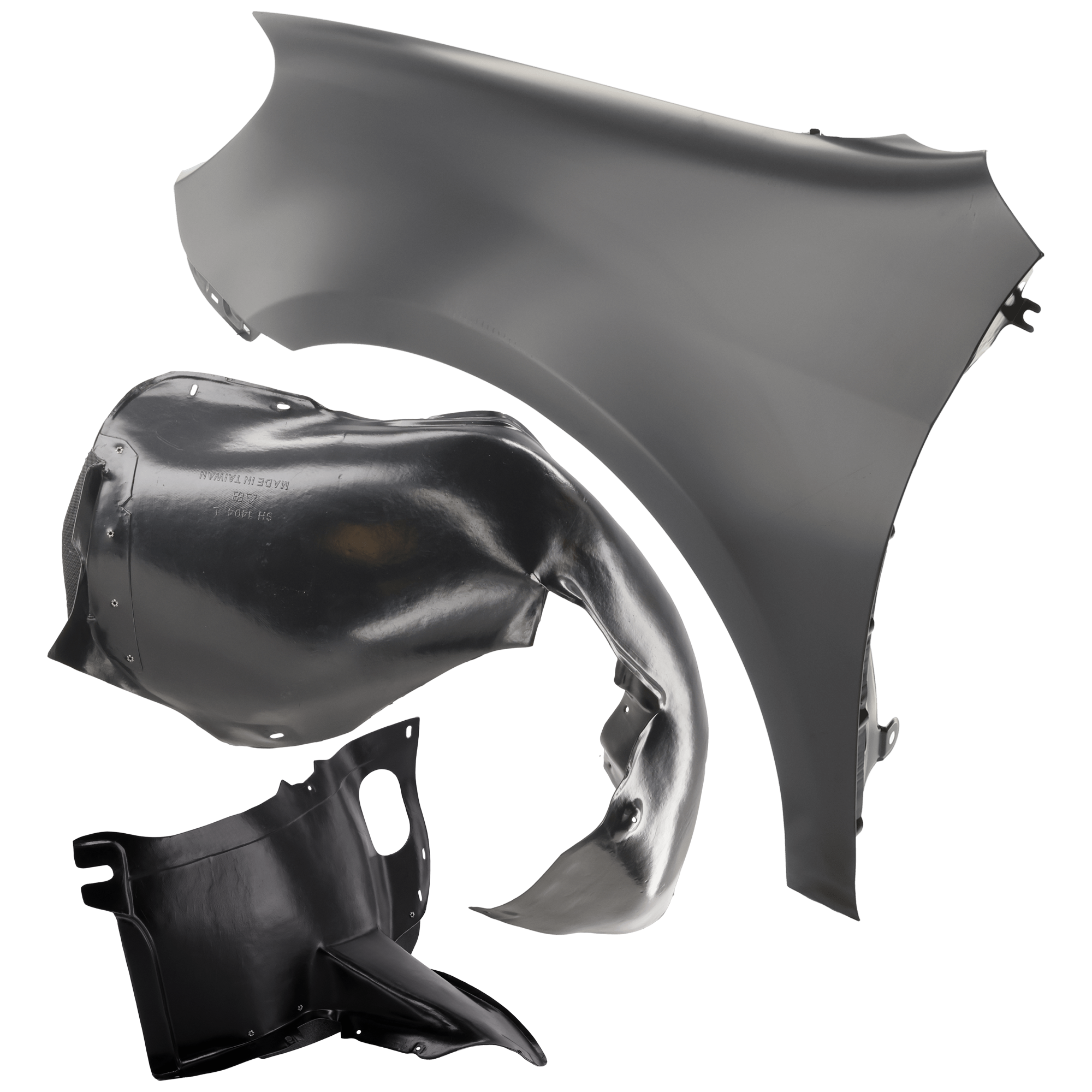 AM GOLF GTI 10-14 FRONT FENDER LH 3 pc Kit Primed with Fender Liners SKU KIT 050926 AE861 Partslink VW1240139 VW1248118 VW1248113 OEM 5K6821021B 5K0805911G 5K080597