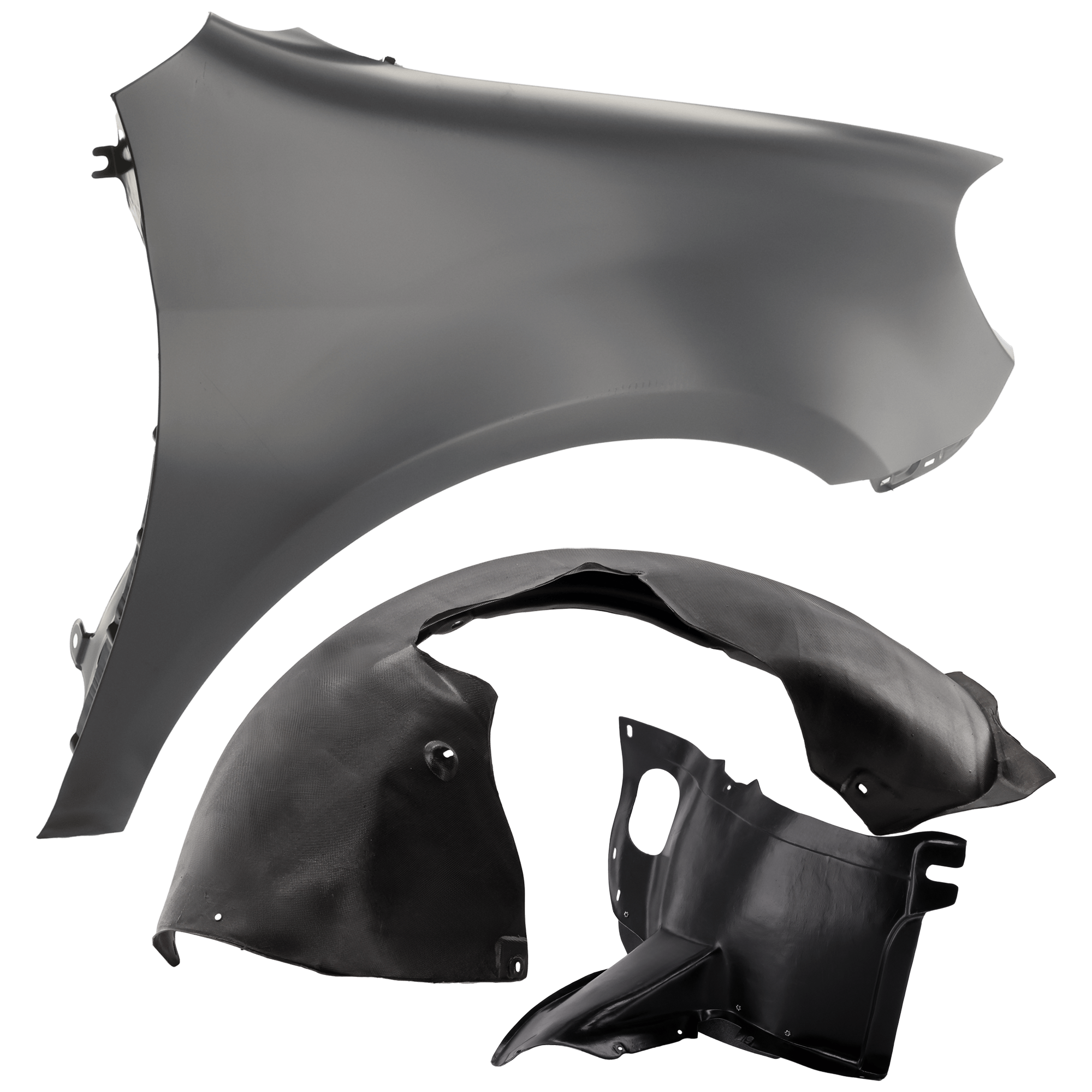 AM GOLF GTI 10-14 FRONT FENDER RH 3 pc Kit Primed with Fender Liners SKU KIT 050926 AE862 Partslink VW1241139 VW1249118 VW1249113 OEM 5K6821022B 5K0805912E 5K080597