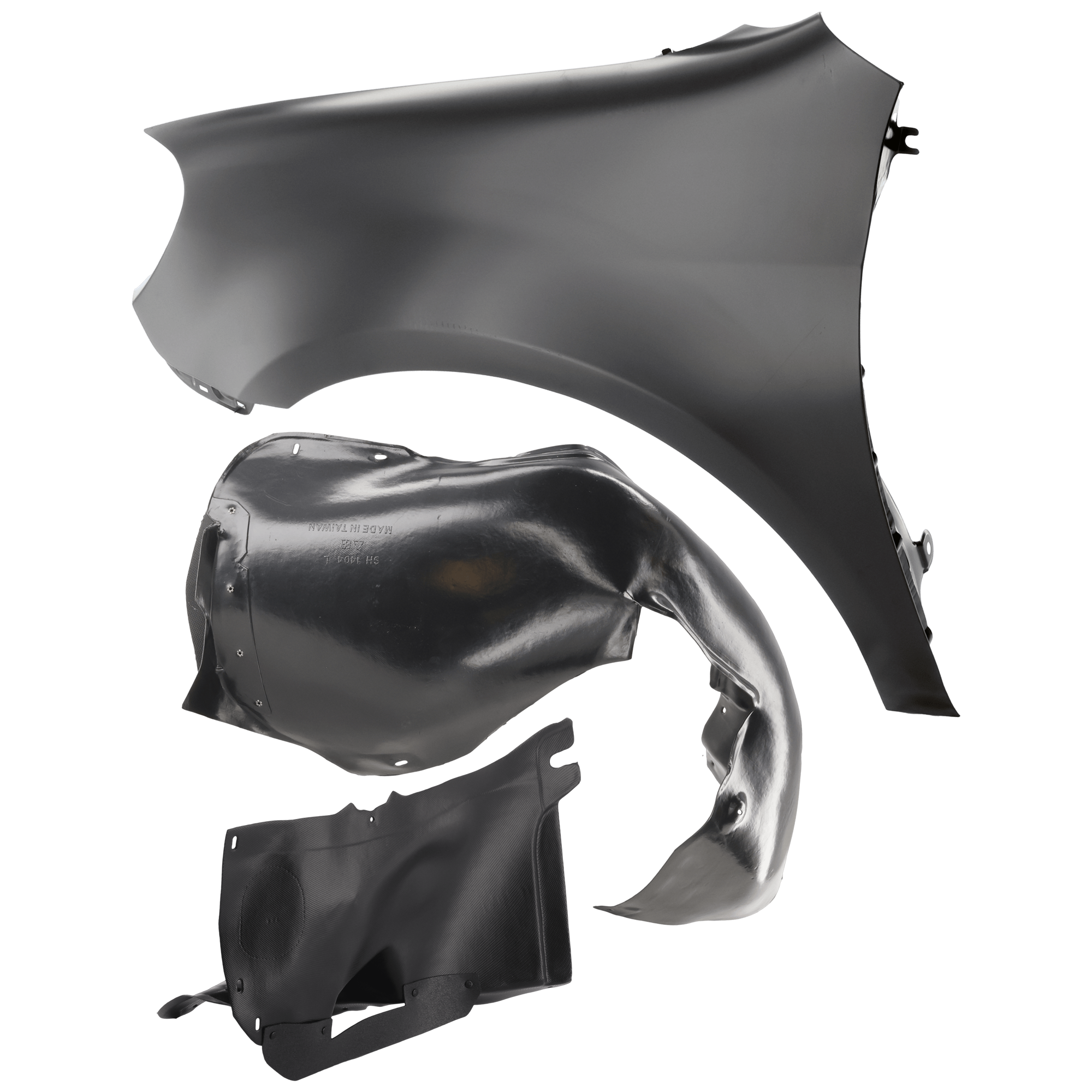 AM GOLF GTI 10-13 FRONT FENDER LH 3 pc Kit Primed with Fender Liners SKU KIT 050926 AE876 Partslink VW1240139 VW1248113 OEM 5K6821021B 5K0805911C 5K080597
