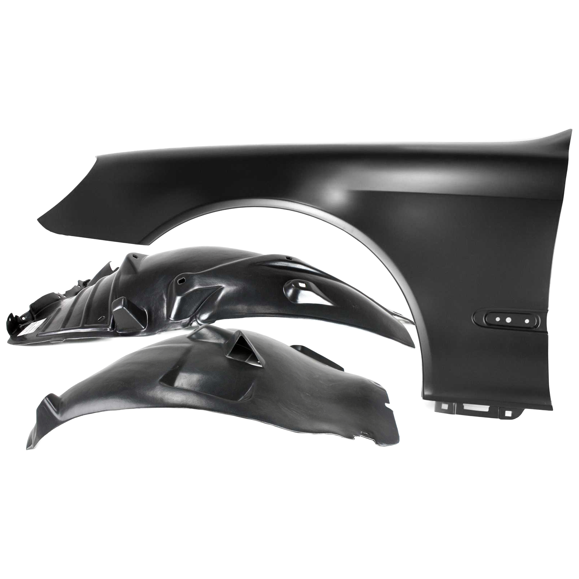 AM S430 S500-00-06 FRONT FENDER LH 3 pc Kit Primed with Fender Liners SKU KIT 050926 AE879 Partslink MB1240124 MB1248118 MB1248117 OEM 2208800318-2206901530-22069019