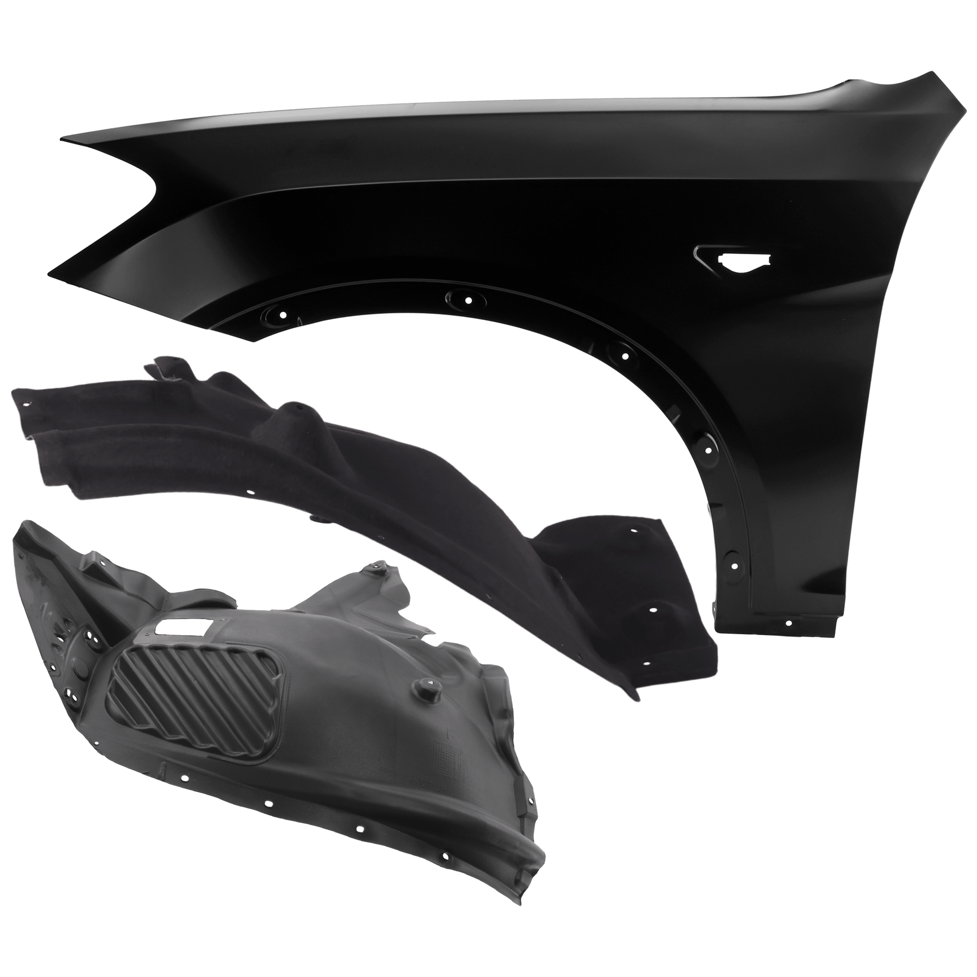 AM X3-11-17 FRONT FENDER LH 3 pc Kit Primed with Fender Liners SKU KIT 050926 AE883 Partslink BM1240154 BM1248127 BM1248126 OEM 41357267323-51717213643-517172