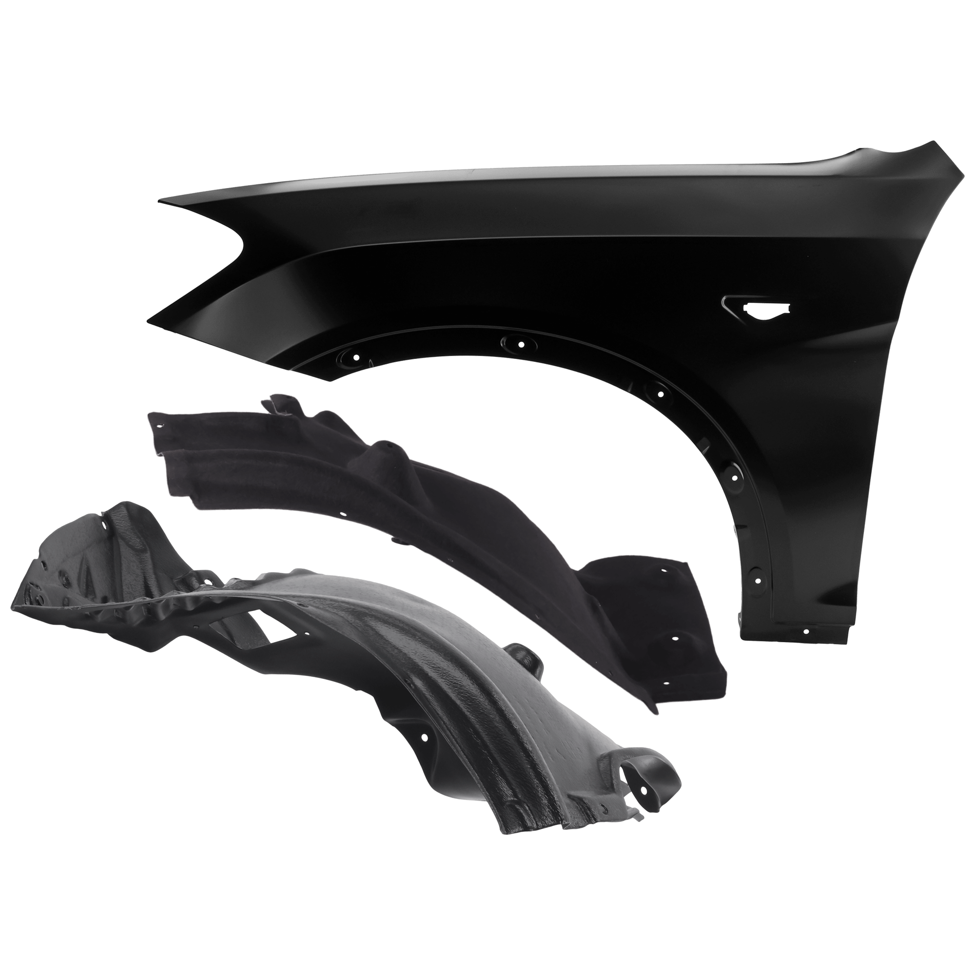 AM X3-11-17 FRONT FENDER LH 3 pc Kit Primed with Fender Liners SKU KIT 050926 AE885 Partslink BM1240154 BM1248127 BM1248150 OEM 41357267323-51717213643-517172