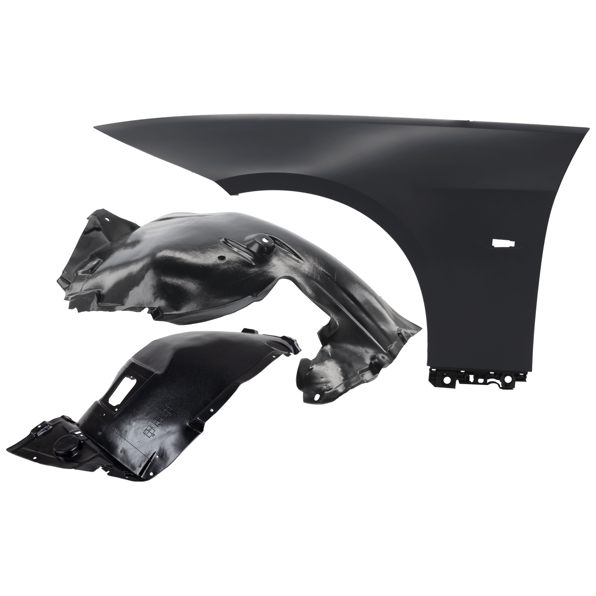 AM 328I 335I 07-13 FRONT FENDER LH 3 pc Kit Primed with Fender Liners SKU KIT 050926 AE911 Partslink BM1240142 BM1248100 BM1250120 OEM 41357168987-51717154411-517171