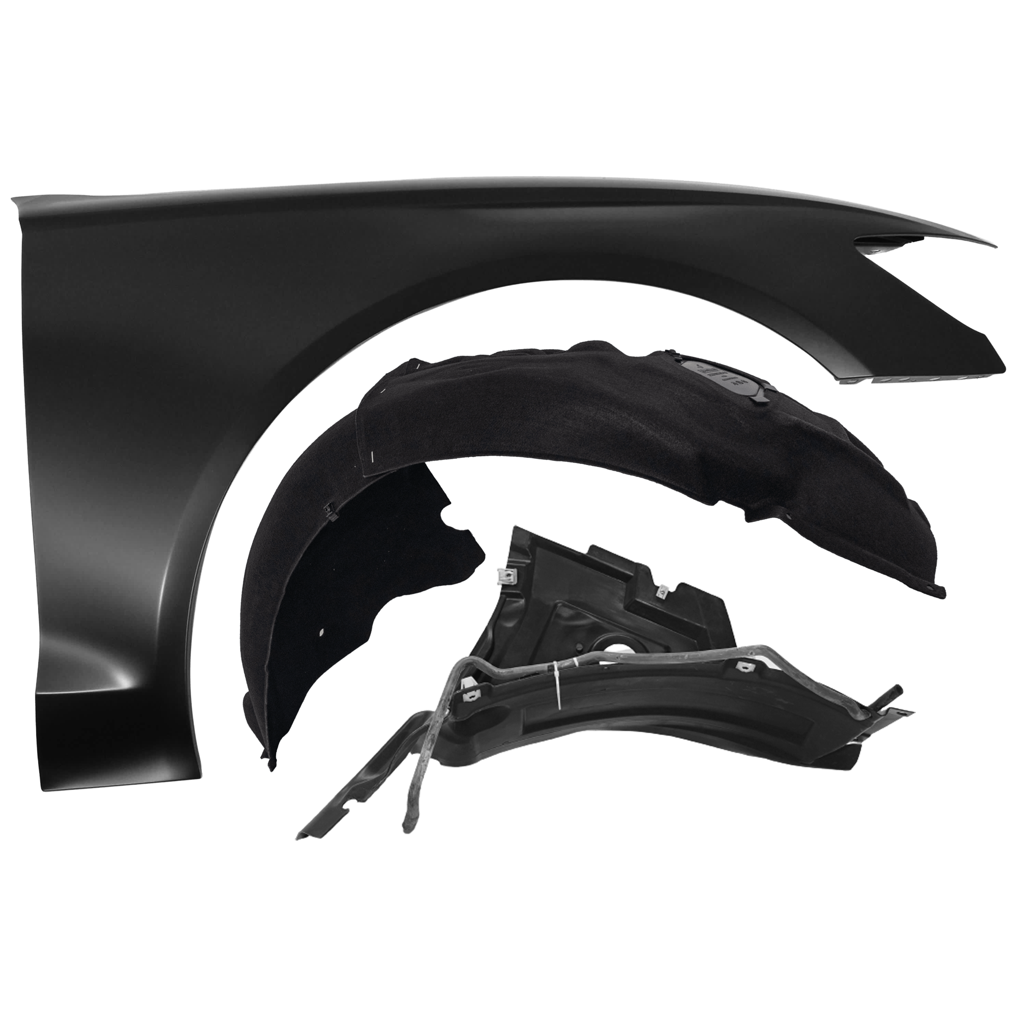 AM A6 A6 QUATTRO S6-16-17 FRONT FENDER RH 3 pc Kit Primed with Fender Liners SKU KIT 050926 AE913 Partslink AU1241126 AU1249132 AU1251110 OEM 4G0821102 PFM 4G0821134D 4G085