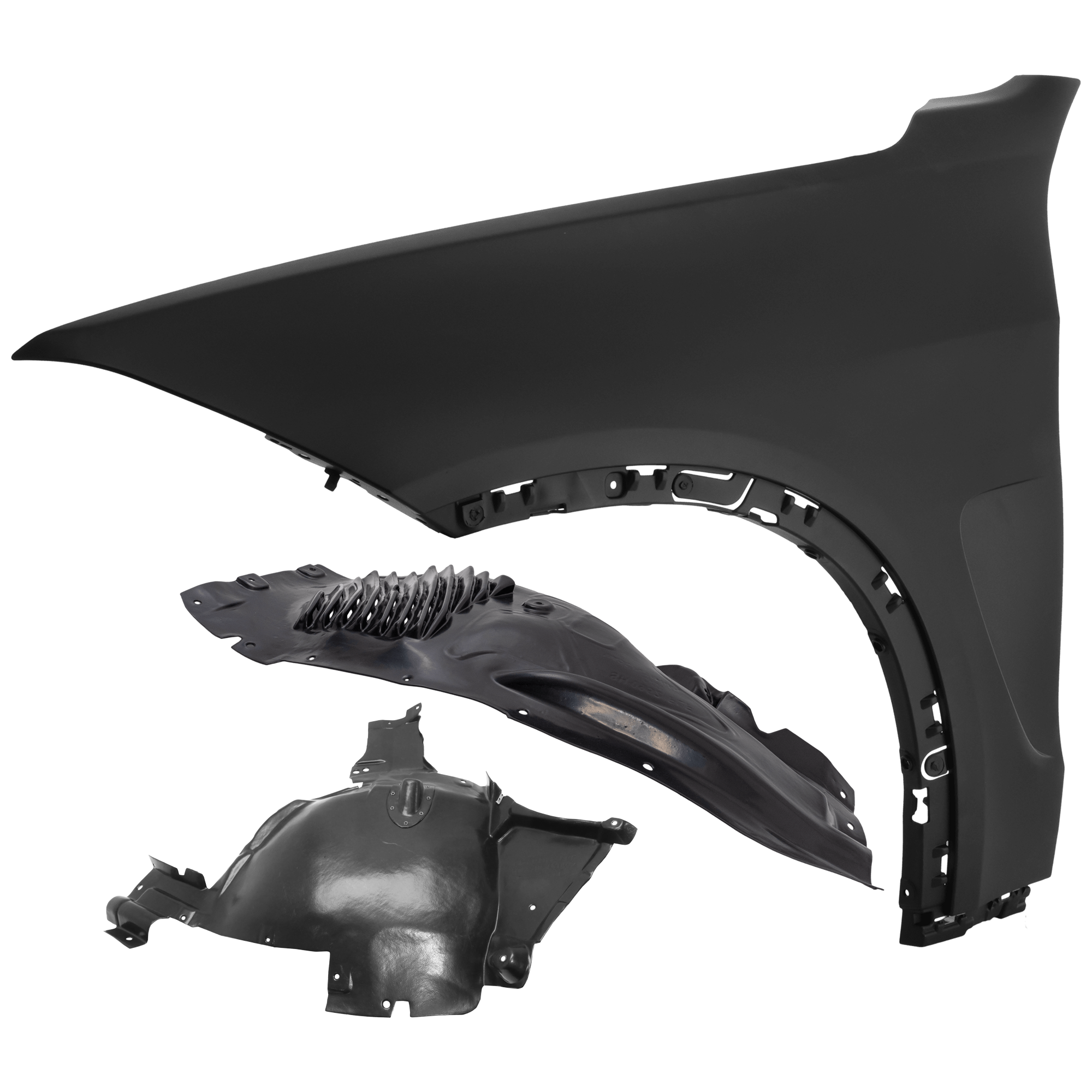 AM X5-14-18 FRONT FENDER LH 3 pc Kit Primed with Fender Liners SKU KIT 050926 AE922 Partslink BM1240157 BM1248153 BM1248152 OEM 51657373541-51717291197-517172