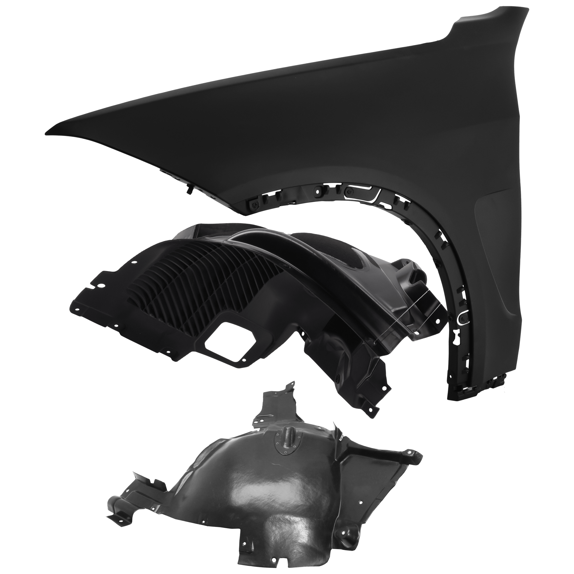 AM X5-14-18 FRONT FENDER LH 3 pc Kit Primed with Fender Liners SKU KIT 050926 AE923 Partslink BM1240157 BM1248149 BM1248153 OEM 51657373541-51717290853-517172