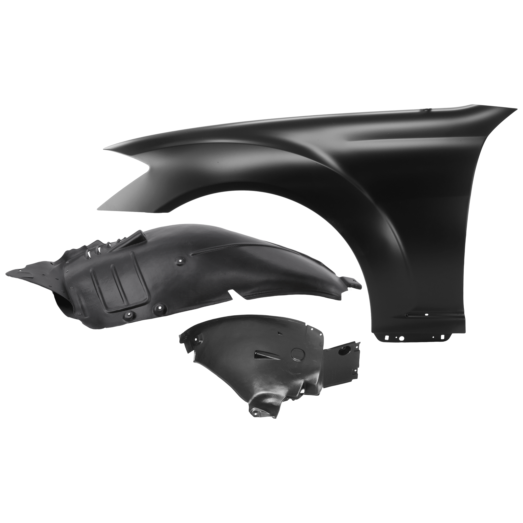 AM S400 S600 S65 AMG 10-13 FRONT FENDER LH 3 pc Kit Primed with Fender Liners SKU KIT 050926 AE931 Partslink MB1240137 MB1248159 MB1248144 OEM 2218800118 PFM 2216903330-2216