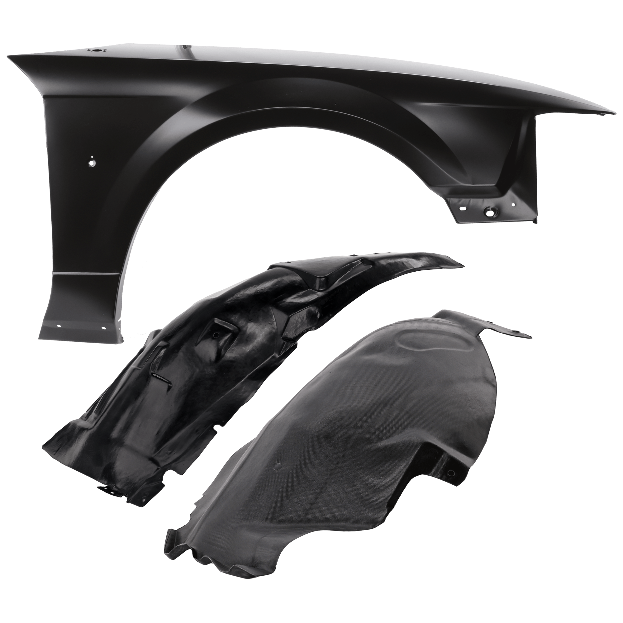 AM MUSTANG 10-14 FRONT FENDER LH 3 pc Kit Primed with Fender Liners SKU KIT 050926 AE973 Partslink FO1240282 FO1248142 FO1248141 OEM AR3Z16006B AR3Z16103B AR3Z1610