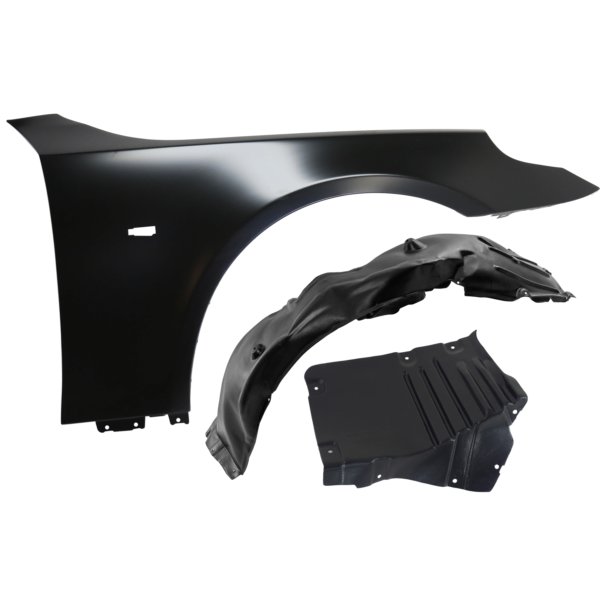 AM 525I 530I 04-07 FRONT FENDER RH 3 pc Kit Primed with Fender Liners SKU KIT 050926 AE980 Partslink BM1241141 BM1251129 BM1251111 OEM 41357111430 PFM 51717050538-51