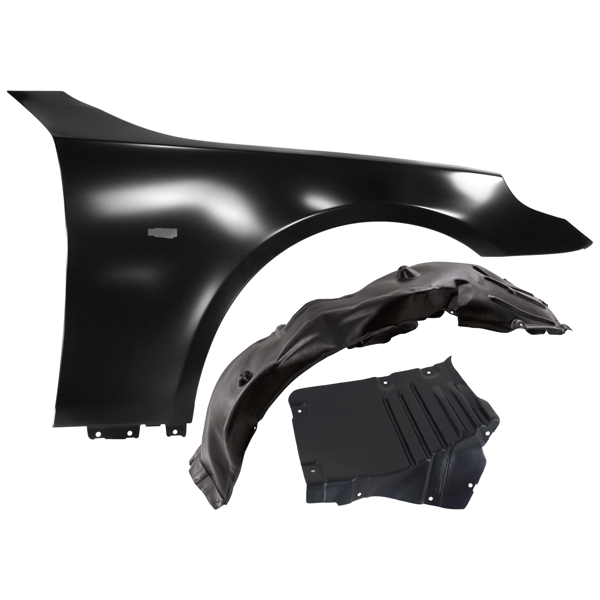 AM 525I 530I 04-07 FRONT FENDER RH 3 pc Kit Primed with Fender Liners SKU KIT 050926 AE990 Partslink BM1241130 BM1251129 BM1251111 OEM 41357111430-51717050538-517170