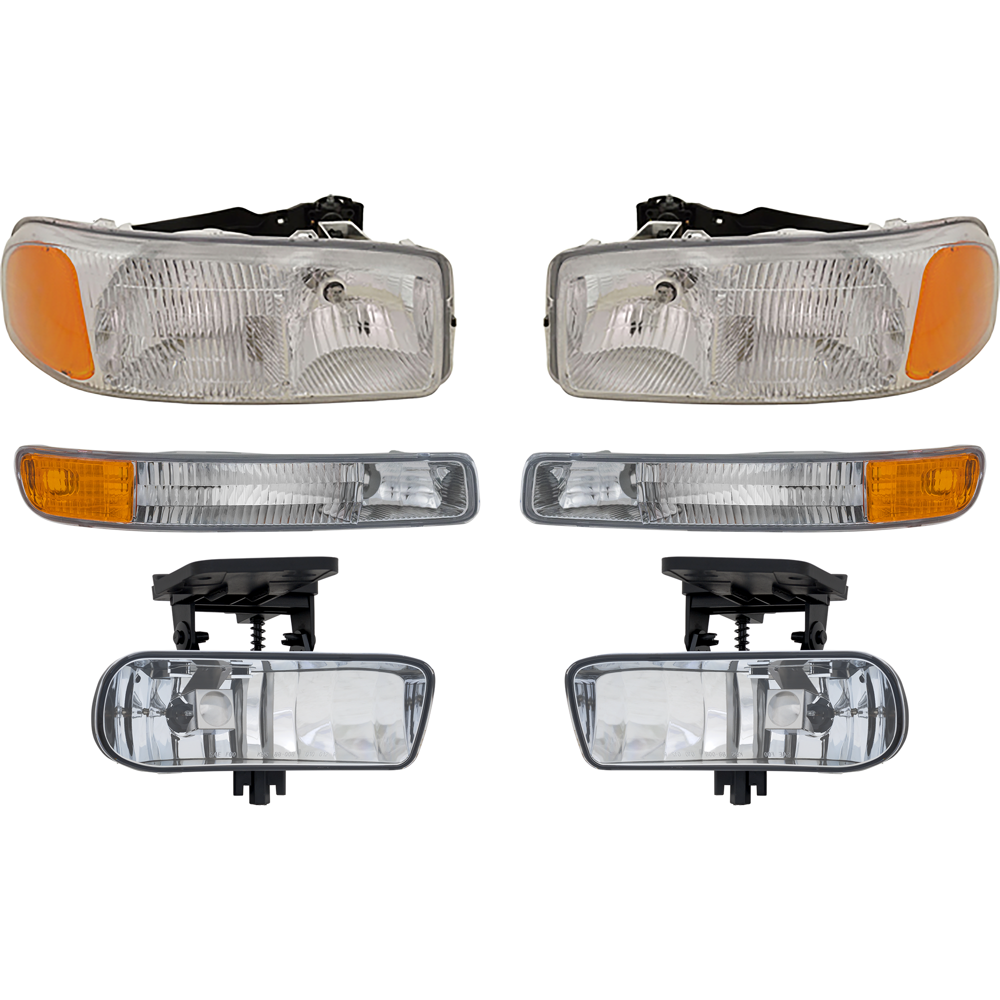 AM YUKON YUKON XL 1500-2500-00-06 HEAD LAMP RH AND LH Assembly Halogen 6 pc Kit with Fog Lights and Parking Lights SKU KIT 051013-01 Partslink GM2503188 GM2502188 GM2592110 GM2593110 GM2520174 GM2521174 OEM 15850352-15850351-10385054-103