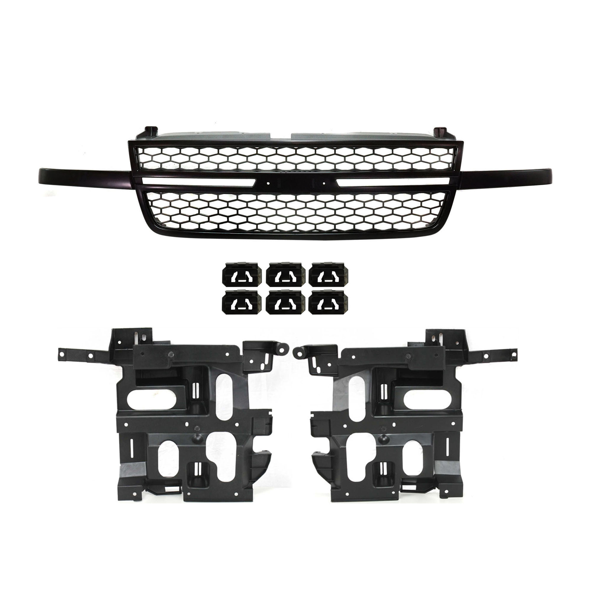 AM SILVERADO 1500-03-06 GRILLE 3 pc kit Textured Black Honeycomb Design w o Center Bar w Headlight Bracket Includes 2007 Classic SKU KIT 051017-04 Partslink GM1200586 GM1221130 GM1221131 OEM 15276048-15798921-15798922