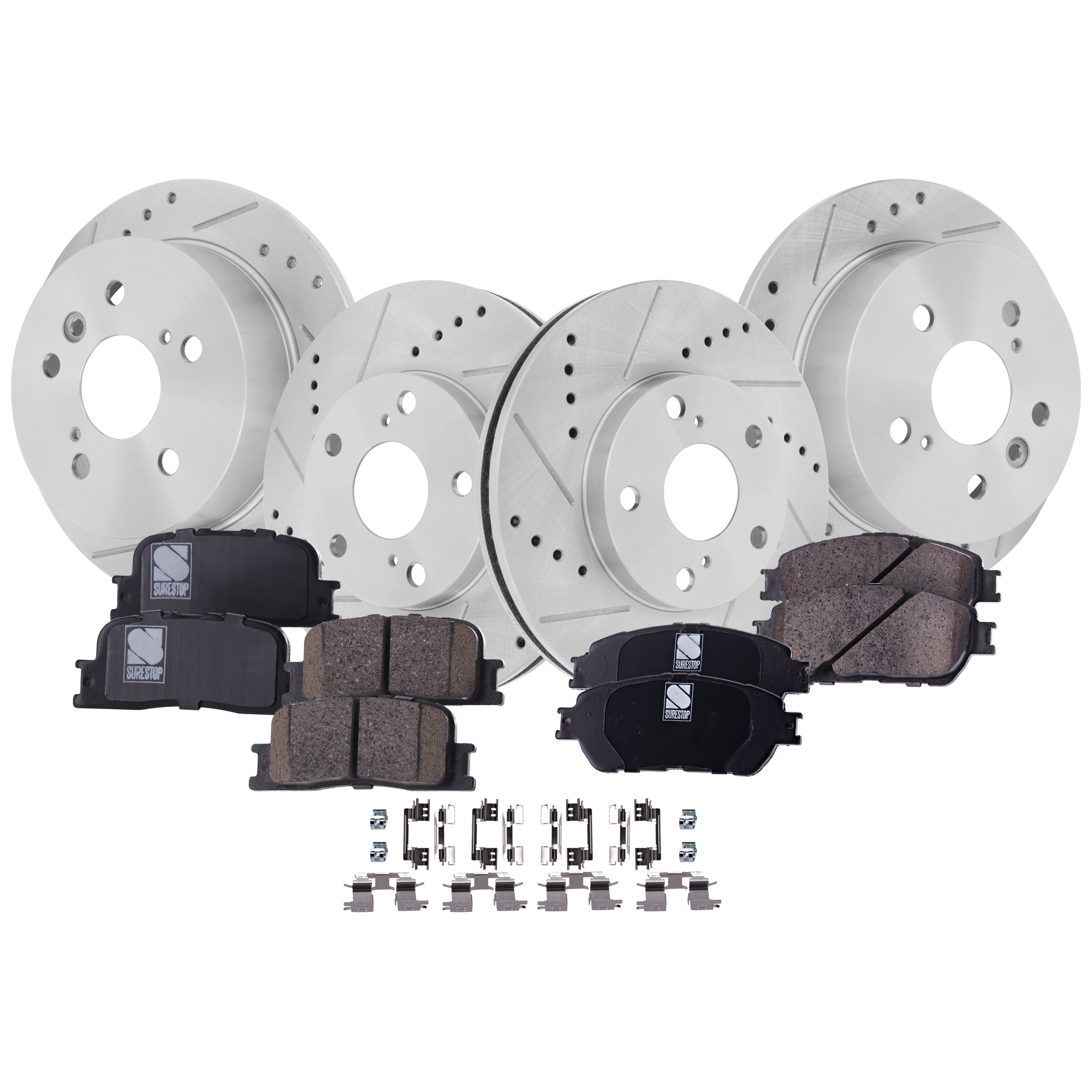 AM CAMRY 05-05 FRONT AND REAR BRAKE DISC AND PAD KIT 8 pc kit Cross drilled and Slotted SKU KIT 051023-08 OEM 368-19784-19949-25358-3105