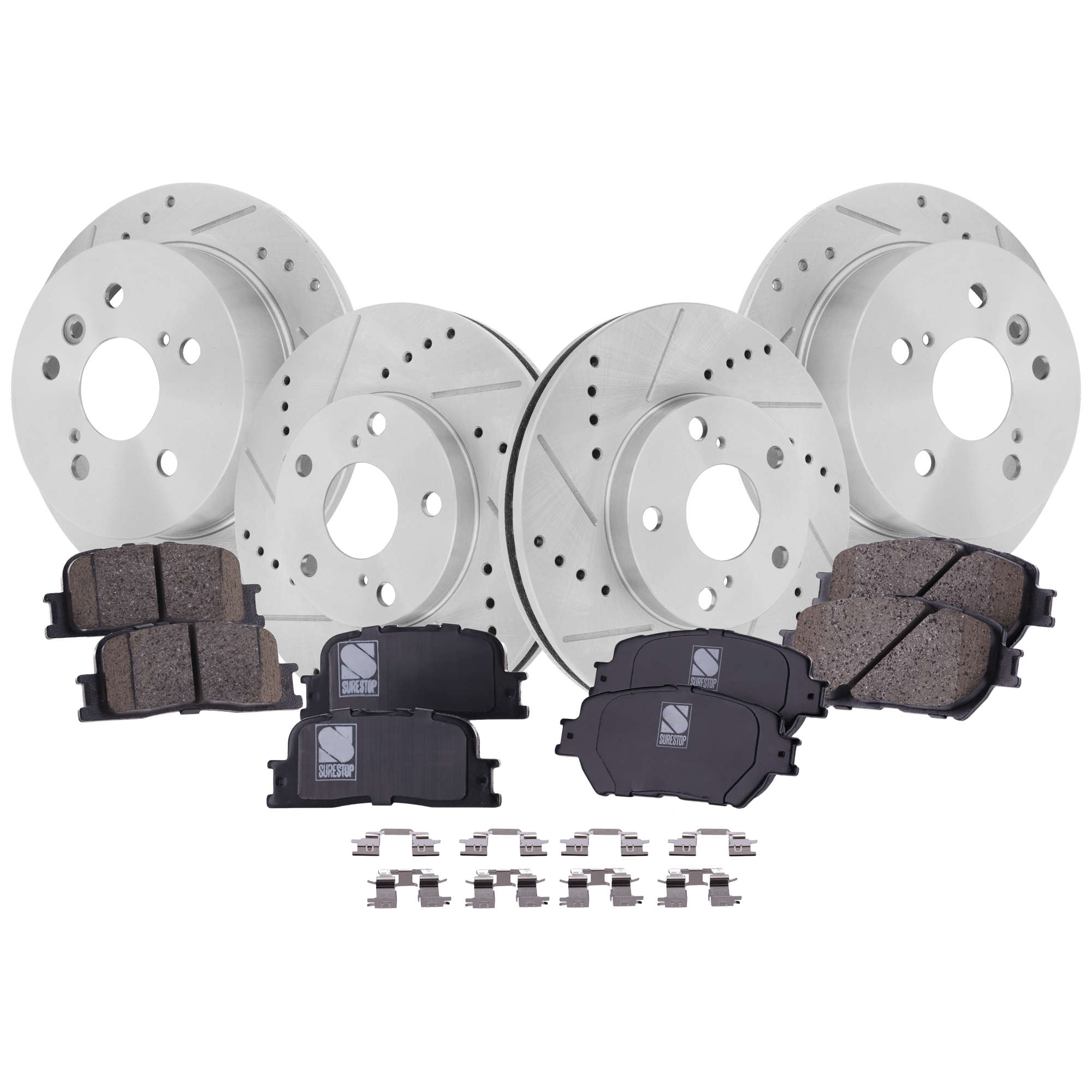 AM CAMRY 02-06 FRONT AND REAR BRAKE DISC AND PAD KIT 8 pc kit Cross drilled and Slotted SKU KIT 051023-09 OEM 368-19784-19949-25358-3105