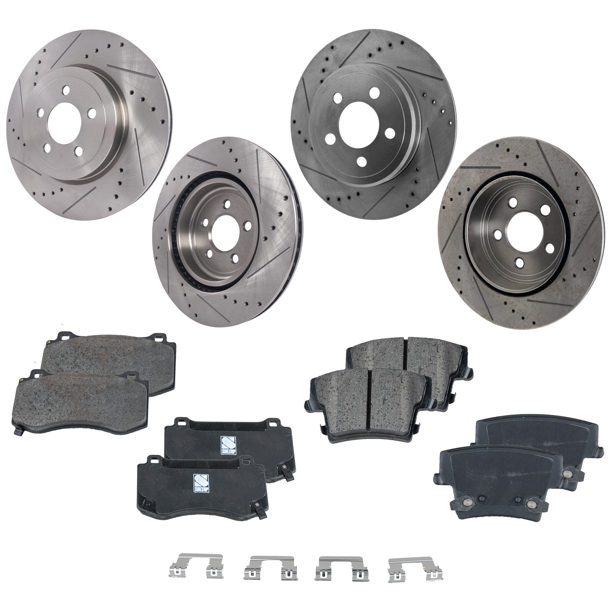 AM CHRYSLER 300-08-08 CHARGER 08-20 FRONT AND REAR BRAKE DISC AND PAD KIT 4 Wheel Set Cross drilled and Slotted Front Semi Metallic Rear Ceramic SKU KIT 051023-12 OEM 27355-53024-145568-780257