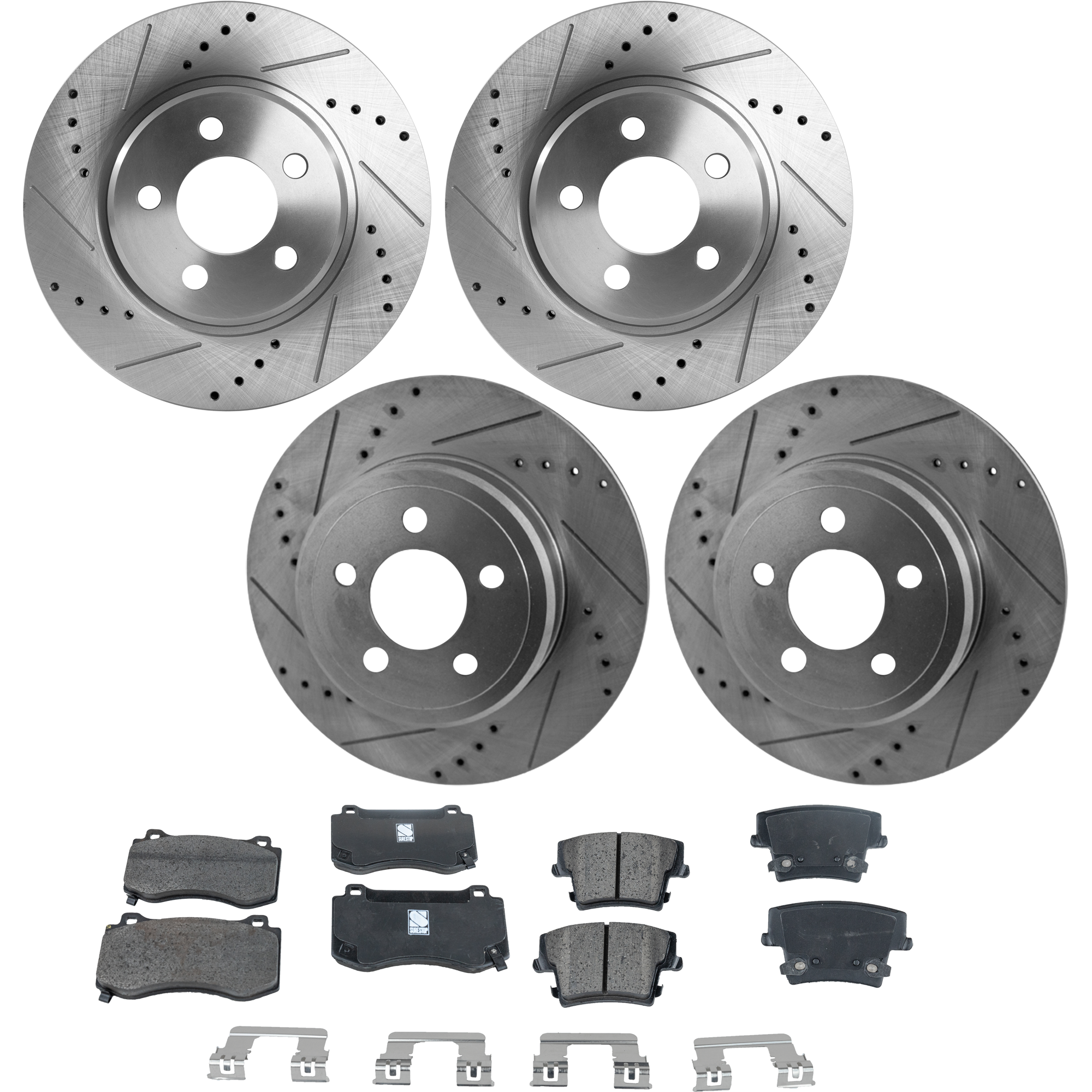 AM CHRYSLER 300-08-08 FRONT AND REAR BRAKE DISC AND PAD KIT 8 pc kit Cross drilled and Slotted SKU KIT 051023-13 OEM 27355-53024-145568-780257