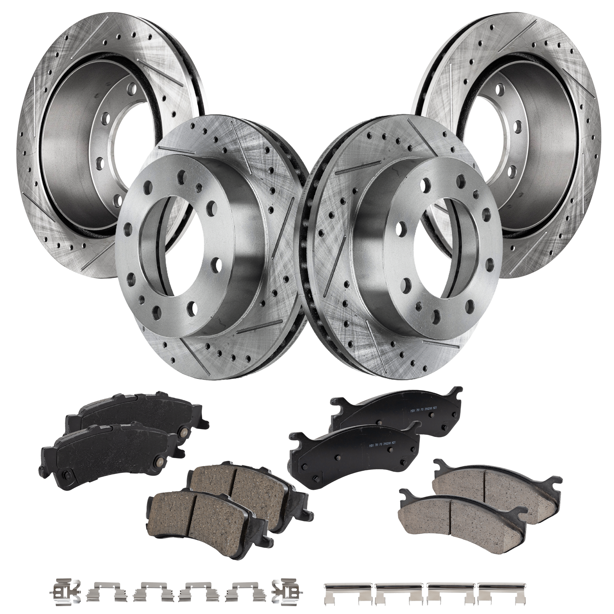 AM SIERRA 1500 SILVERADO 1500-04-04 FRONT AND REAR BRAKE DISC AND PAD KIT 8 pc kit Cross drilled and Slotted SKU KIT 051023-23 OEM 55056-56829-56999-86829-10