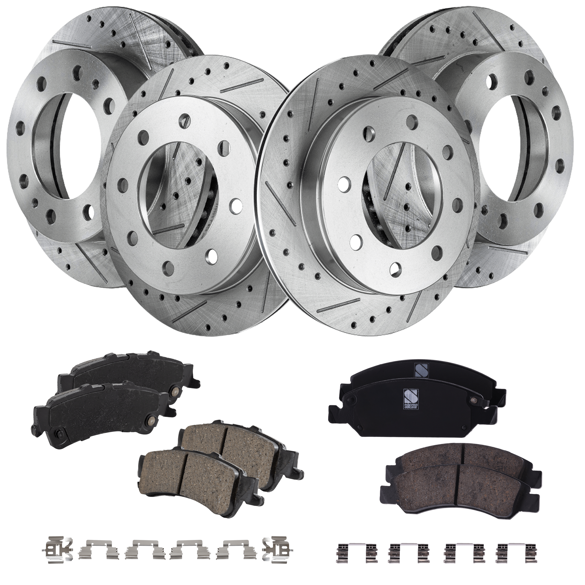 AM SILVERADO 1500-05-05 FRONT AND REAR BRAKE DISC AND PAD KIT 8 pc kit Cross drilled and Slotted SKU KIT 051023-25 OEM 55056-56829-56999-86829-10