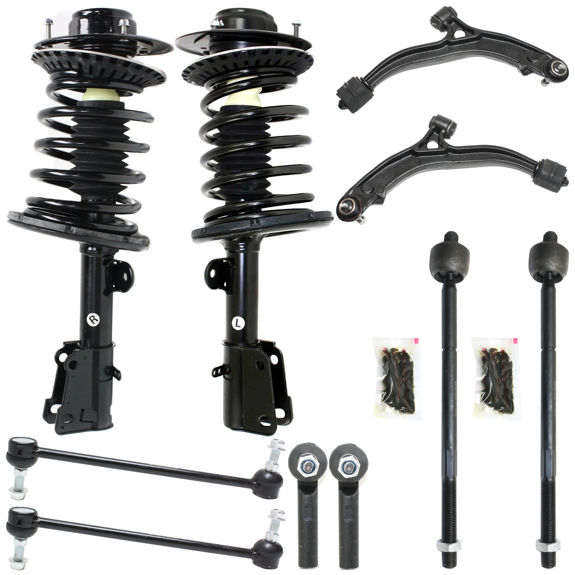 AM TOWN COUNTRY GRAND CARAVAN 01-04 FRONT FULLY LOADED STRUT RH AND LH 10 pc kit Gas Charged Twin Tube w Control Arm Sway Bar Link and Tie Rod End SKU KIT 051024 C141 OEM 5066336AA 5066337AA 4743834AB