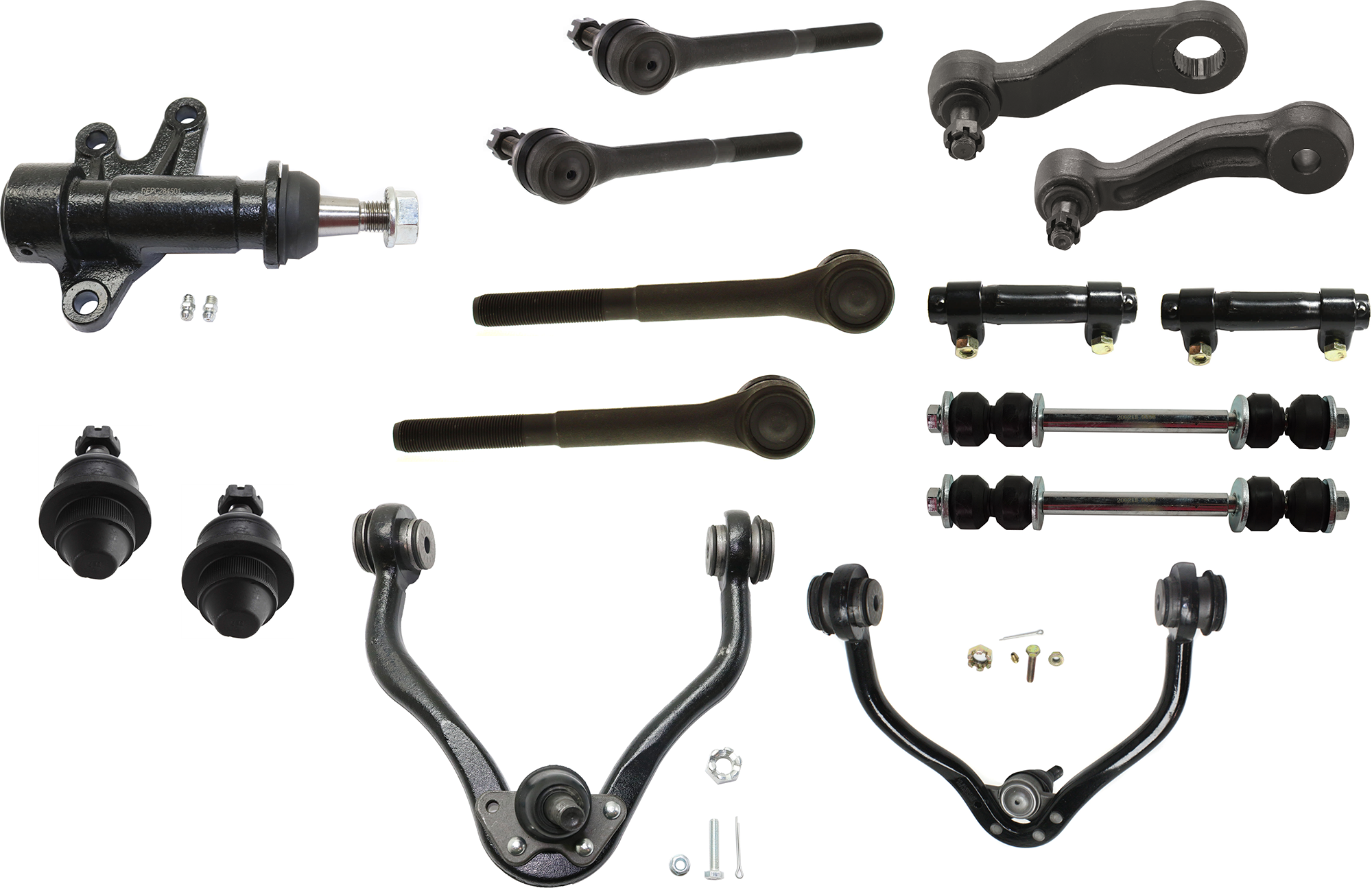 AM K FULLSIZE PICKUP 99-00 TAHOE 99-99 FRONT CONTROL ARM RH AND LH Upper 15 pc kit with Ball Joint Idler Arm Idler Arm Bracket Pitman Arm Sway Bar Link Tie Rod Adjusting Sleeve and Tie Rod End SKU KIT 051024 C51 OEM 12543999-12544000-104221-28