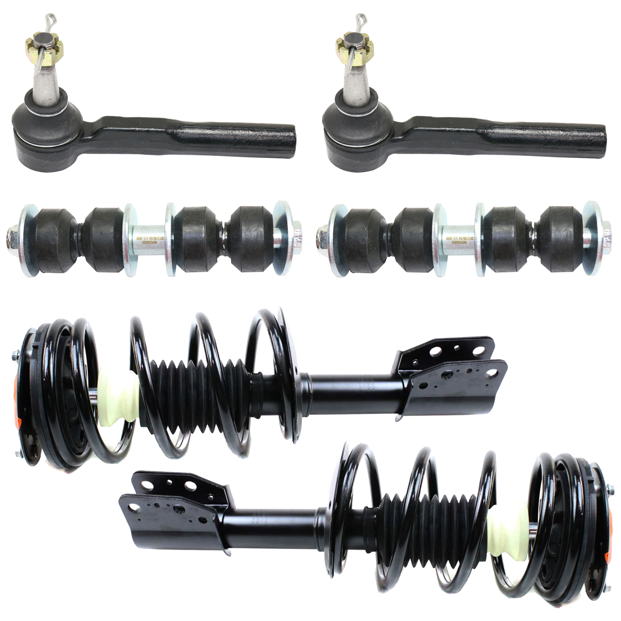 AM GRAND AM 99-05 MALIBU 97-03 FRONT FULLY LOADED STRUT RH AND LH Gas Charged Twin tube 6 pc Kit with Tie Rod End and Sway Bar Link SKU KIT 051024 C87 OEM 22064731-22064732-1015993-2651