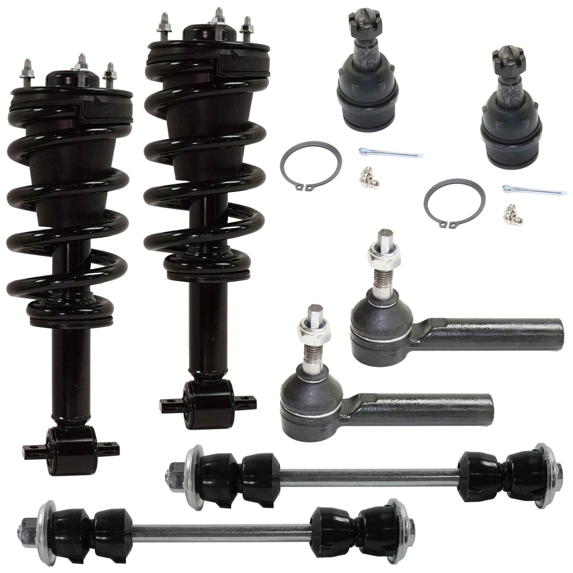 AM SILVERADO SIERRA 1500-07-13 FRONT FULLY LOADED STRUT RH AND LH 8 pc kit Gas Charged Monotube with Ball Joint Sway Bar Link and Tie Rod End SKU KIT 051024 C91 OEM 25980102-25888684-104327-26015