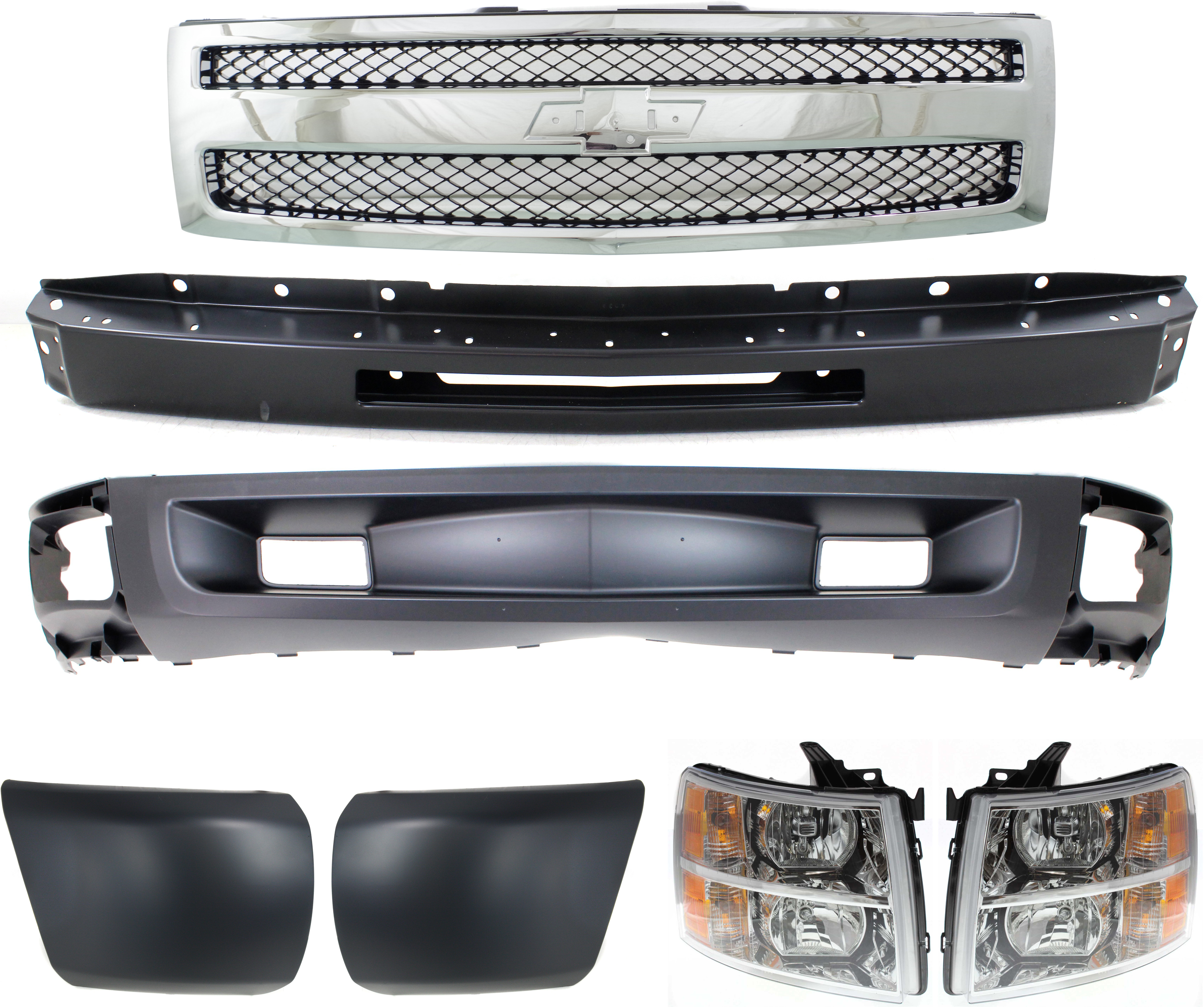 AM SILVERADO 1500-09-13 AUTO BODY REPAIR 7 pc kit with Bumper Bumper End Grille Assembly Headlight and Valance SKU KIT 051217-32 Partslink GM1092246 GM1002836 GM1016103 GM1017103 GM1200572 GM2503280 GM2502280 OEM 20762570-15941837-15941850-158