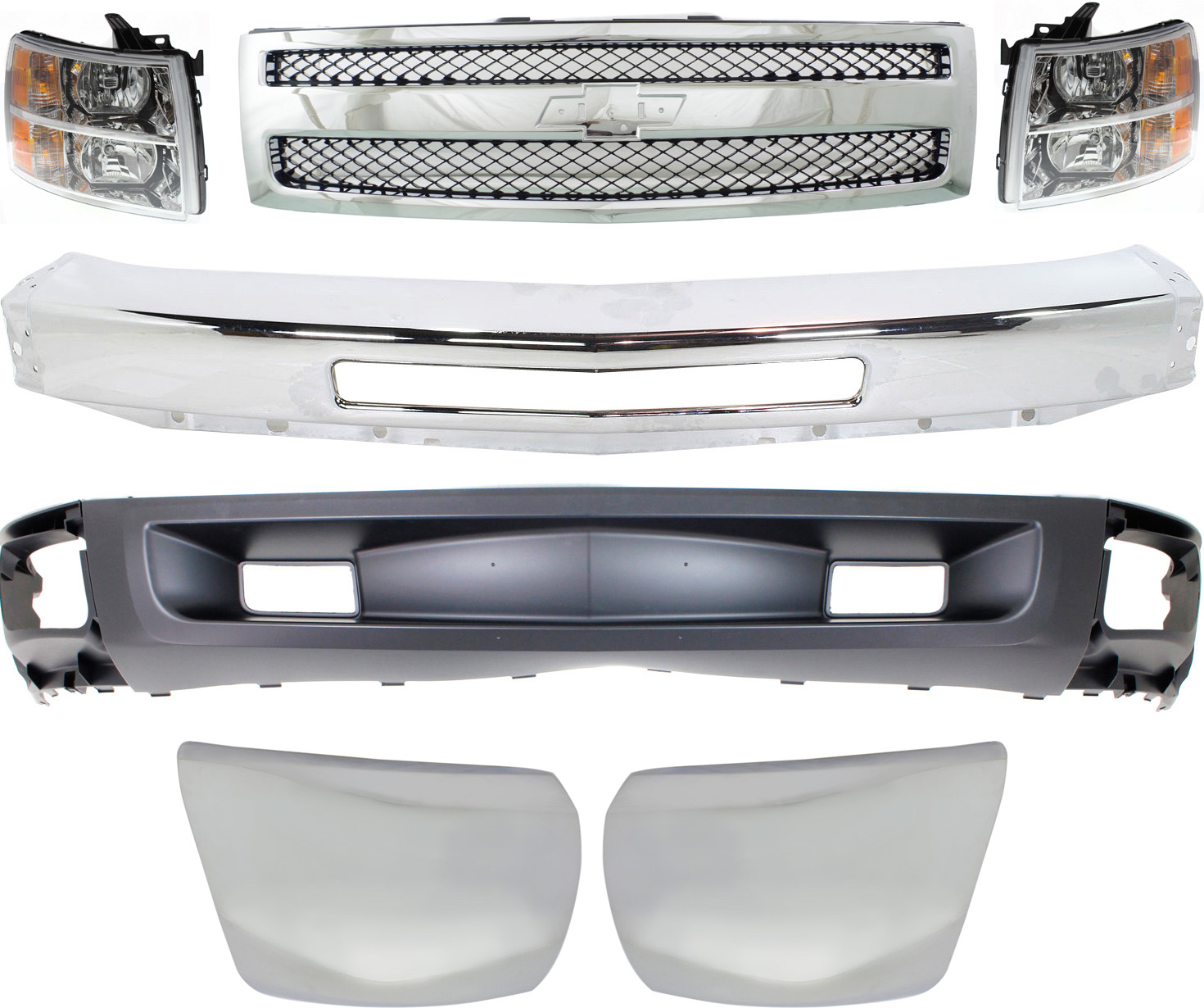 AM SILVERADO 1500-12-13 FRONT LOWER VALANCE Primed 7 pc kit with Bumper Grille Bumper Ends and Headlights SKU KIT 051217-44 Partslink GM1092246 GM1002831 GM1004157 GM1005157 GM1200572 GM2502280 GM2503280 OEM 20762570-15941850-22796186-227