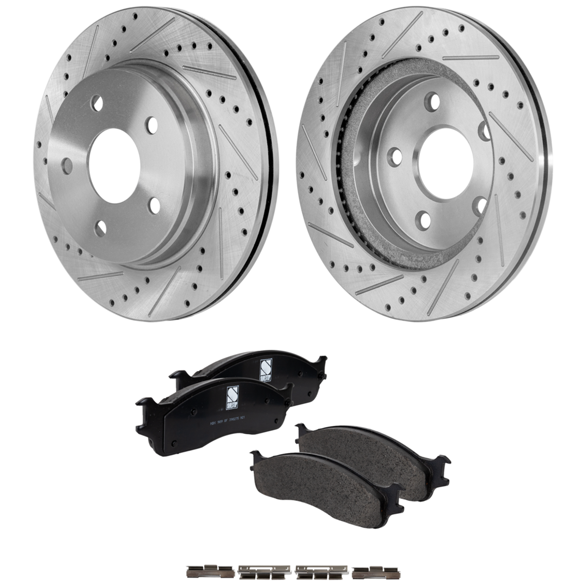 AM RAM 1500-06-08 FRONT BRAKE DISC AND PAD KIT 4 pc Kit Cross drilled and Slotted SKU KIT 051223-02 OEM 2414-19966-53005-145381-491190