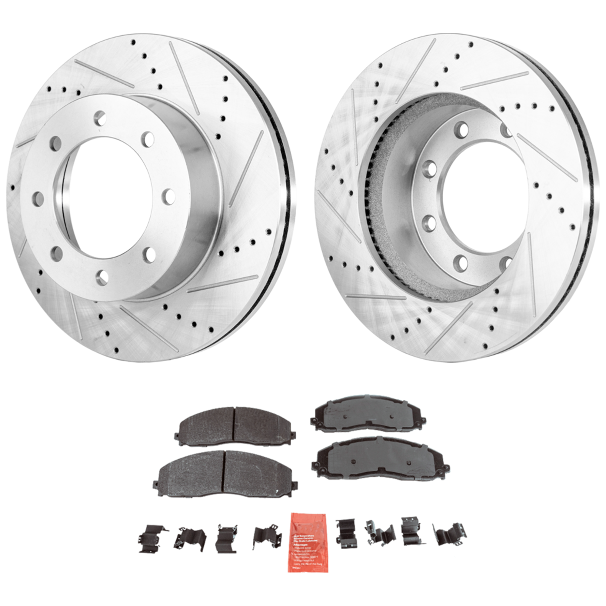 AM F 250 F 350 SUPER DUTY 12-21 FRONT BRAKE DISC AND PAD KIT 4 pc Kit Cross drilled and Slotted SKU KIT 051223-05 OEM 42292-681016-850349-60054223-6