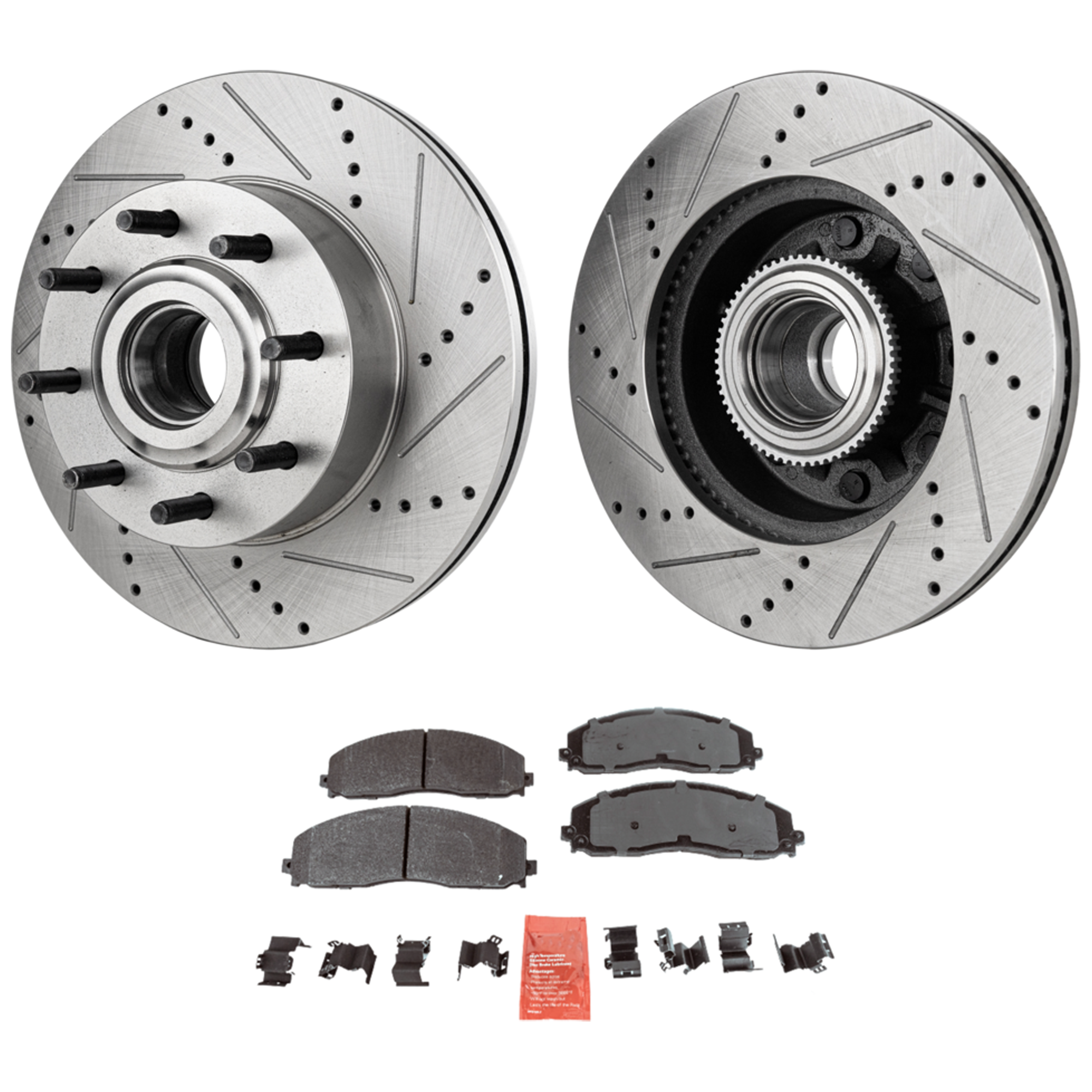 AM F 250 F 350 SUPER DUTY 13-22 FRONT BRAKE DISC AND PAD KIT 2 Wheel Set Cross drilled and Slotted SKU KIT 051223-06 OEM 42301-850350-60054224-680640R
