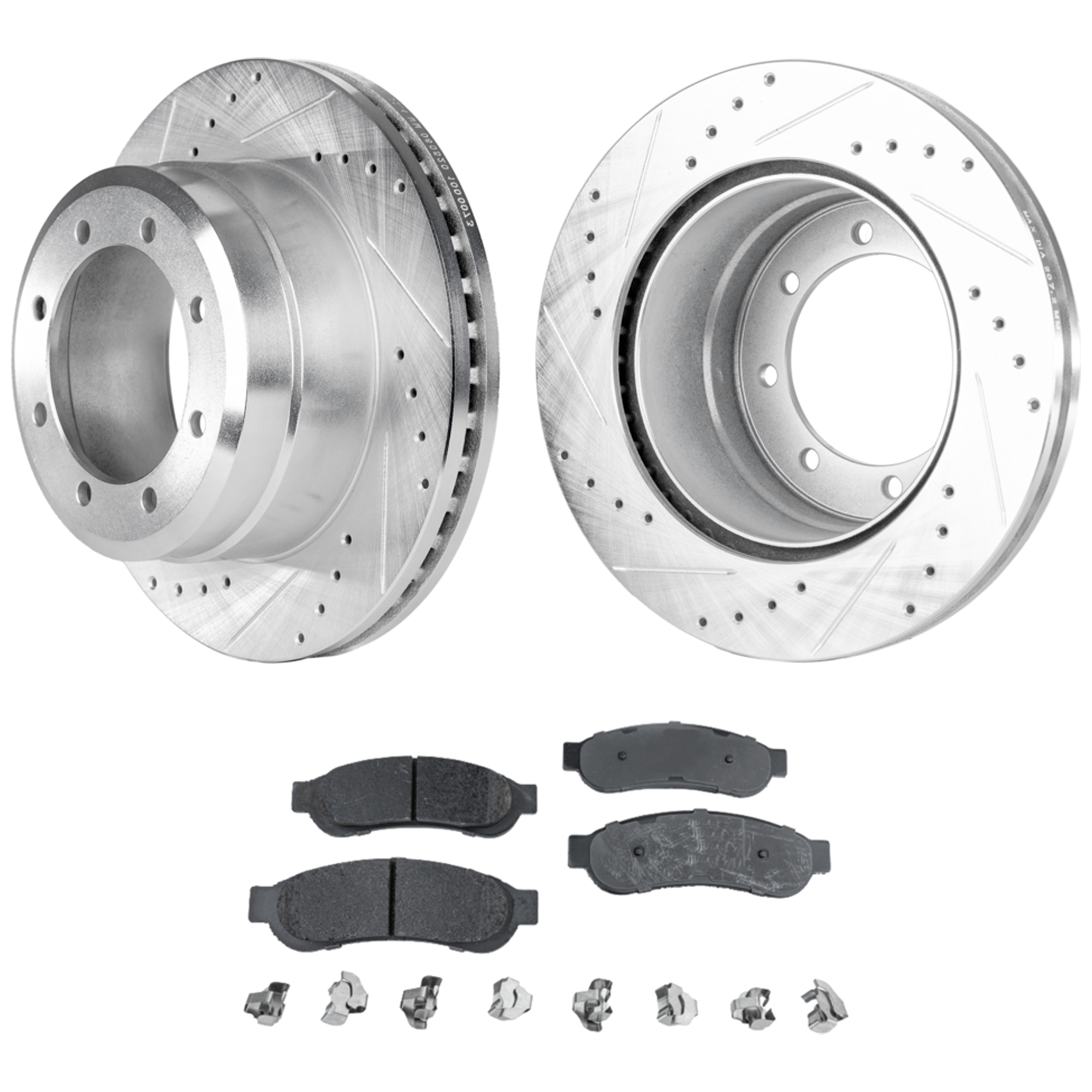 AM F 350 SUPER DUTY 05-12 F 450 SUPER DUTY 11-12 REAR BRAKE DISC AND PAD KIT 4 pc Kit Cross drilled and Slotted SKU KIT 051223-07 OEM 54136-680344-60054200-54136G 6