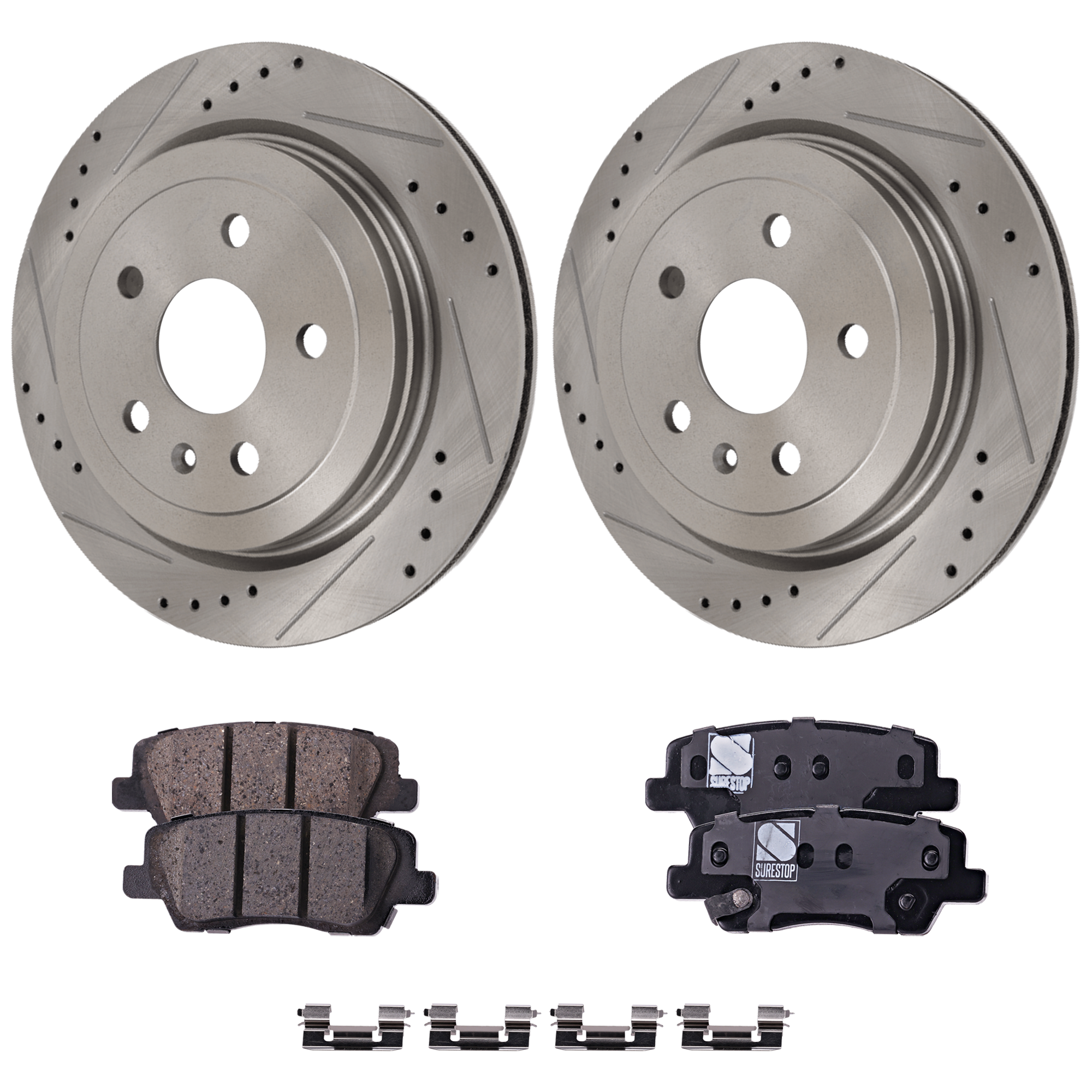 AM CTS 14-19 REAR BRAKE DISC AND PAD KIT 4 pc Kit Cross drilled and Slotted SKU KIT 051223-12 OEM 41237-55171-72038-493955-85013
