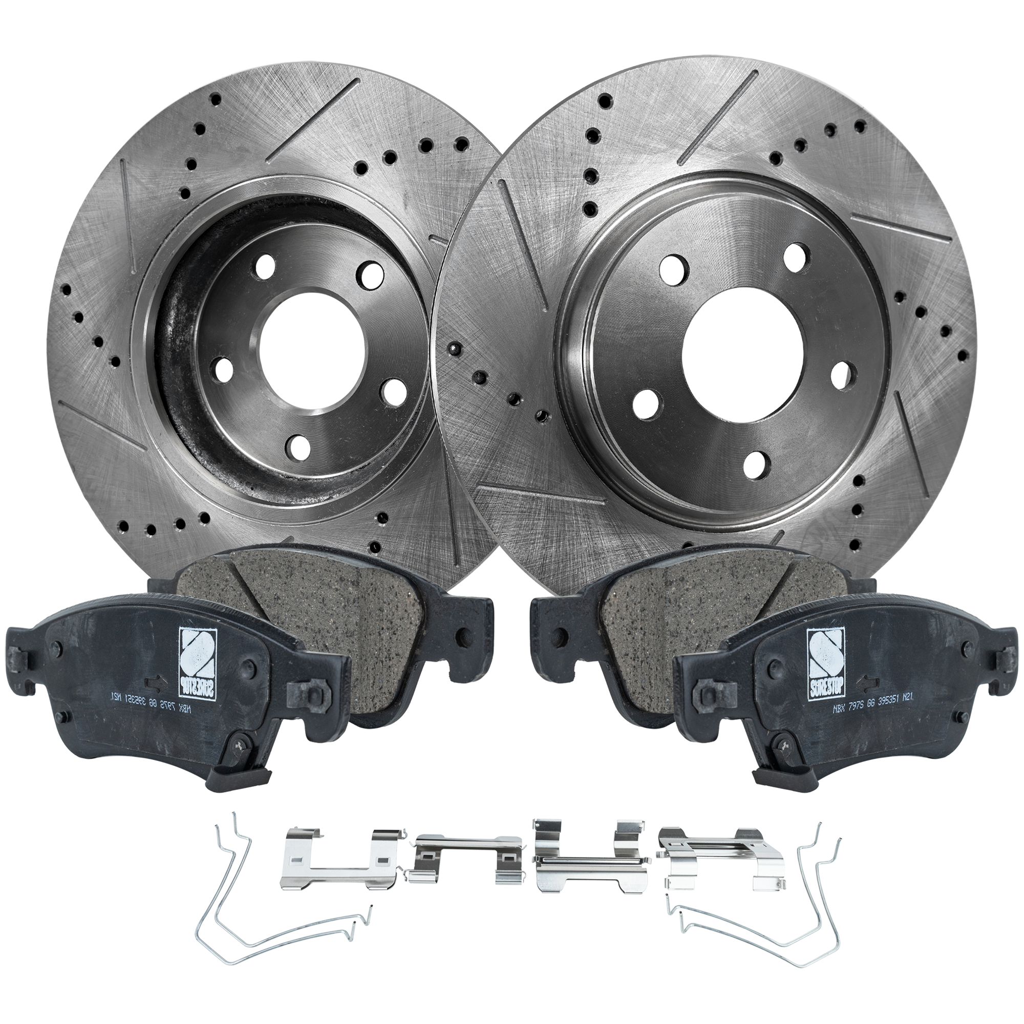 AM G37-09-13 FRONT BRAKE DISC AND PAD KIT 4 pc Kit Cross drilled and Slotted SKU KIT 051223-32 OEM D1060JK000 D1060JK00B
