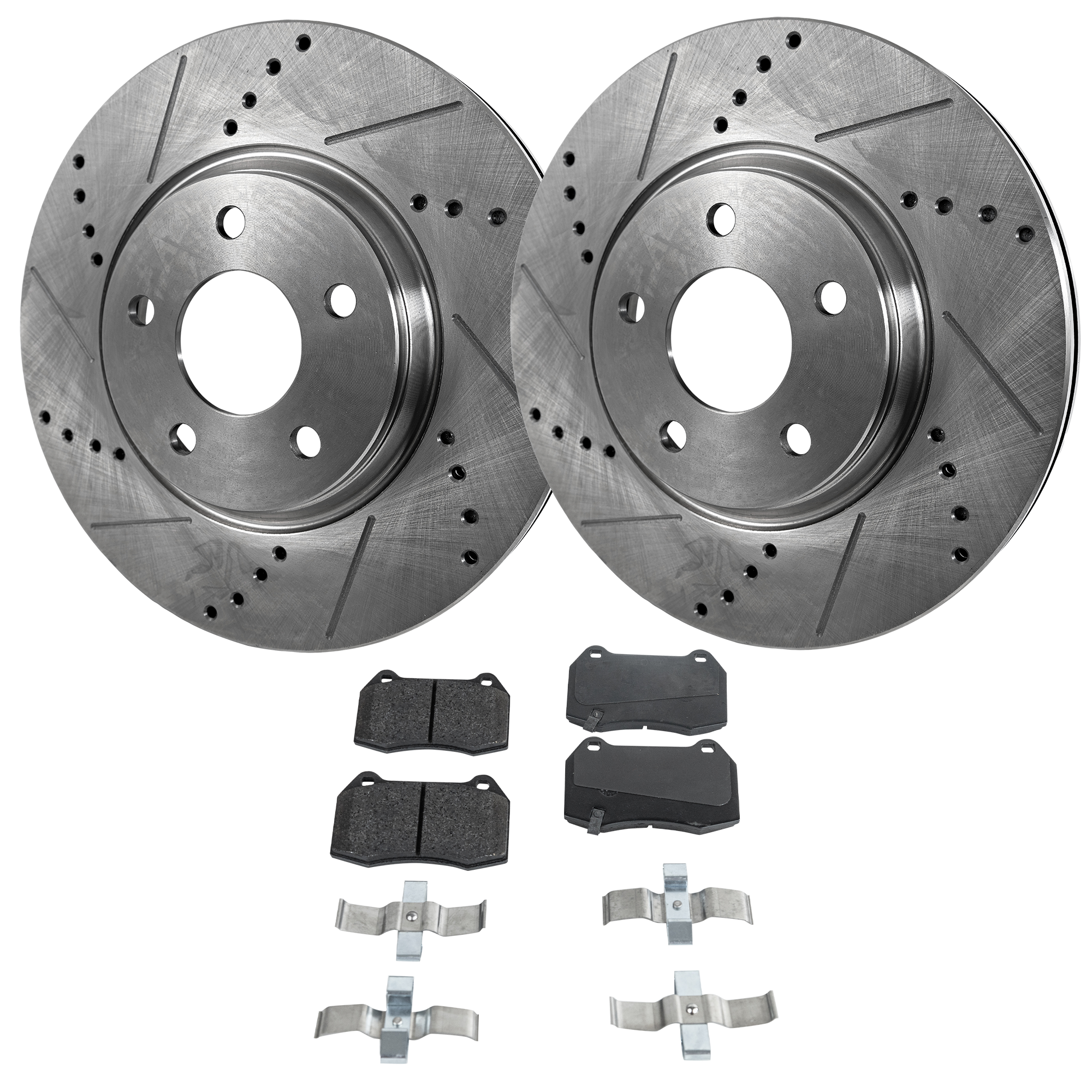 AM 350Z 06-09 FRONT BRAKE DISC AND PAD KIT 4 pc Kit Cross drilled and Slotted SKU KIT 051223-33 OEM 41060CD026-41060CD028-41060CD0