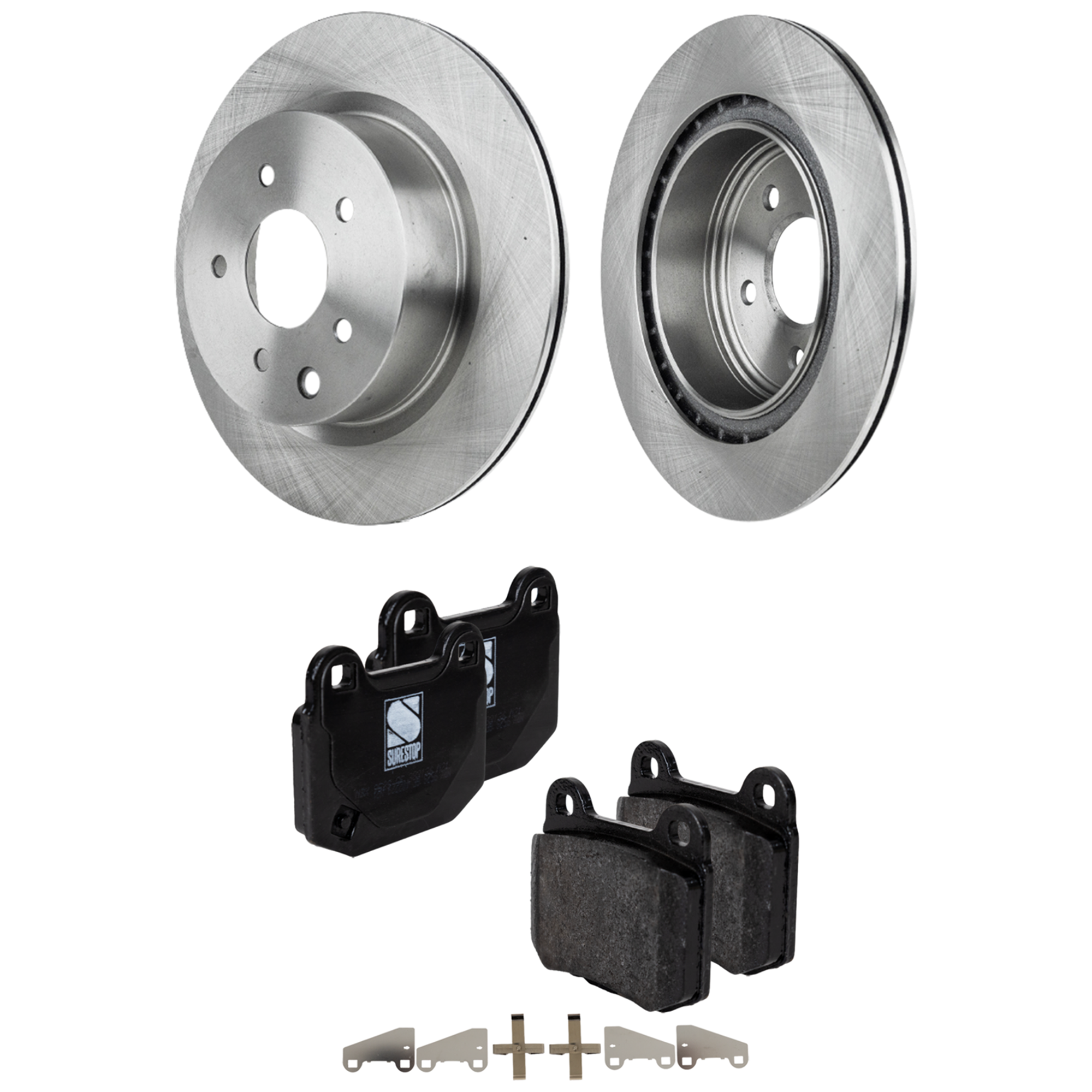 AM 350Z 06-09 REAR BRAKE DISC AND PAD KIT 2 Wheel Set Plain Surface 5 Lugs Cast Iron Non Asbestos Organic SKU KIT 051223-34 OEM 43206EG000-26696FE000-26696FE0
