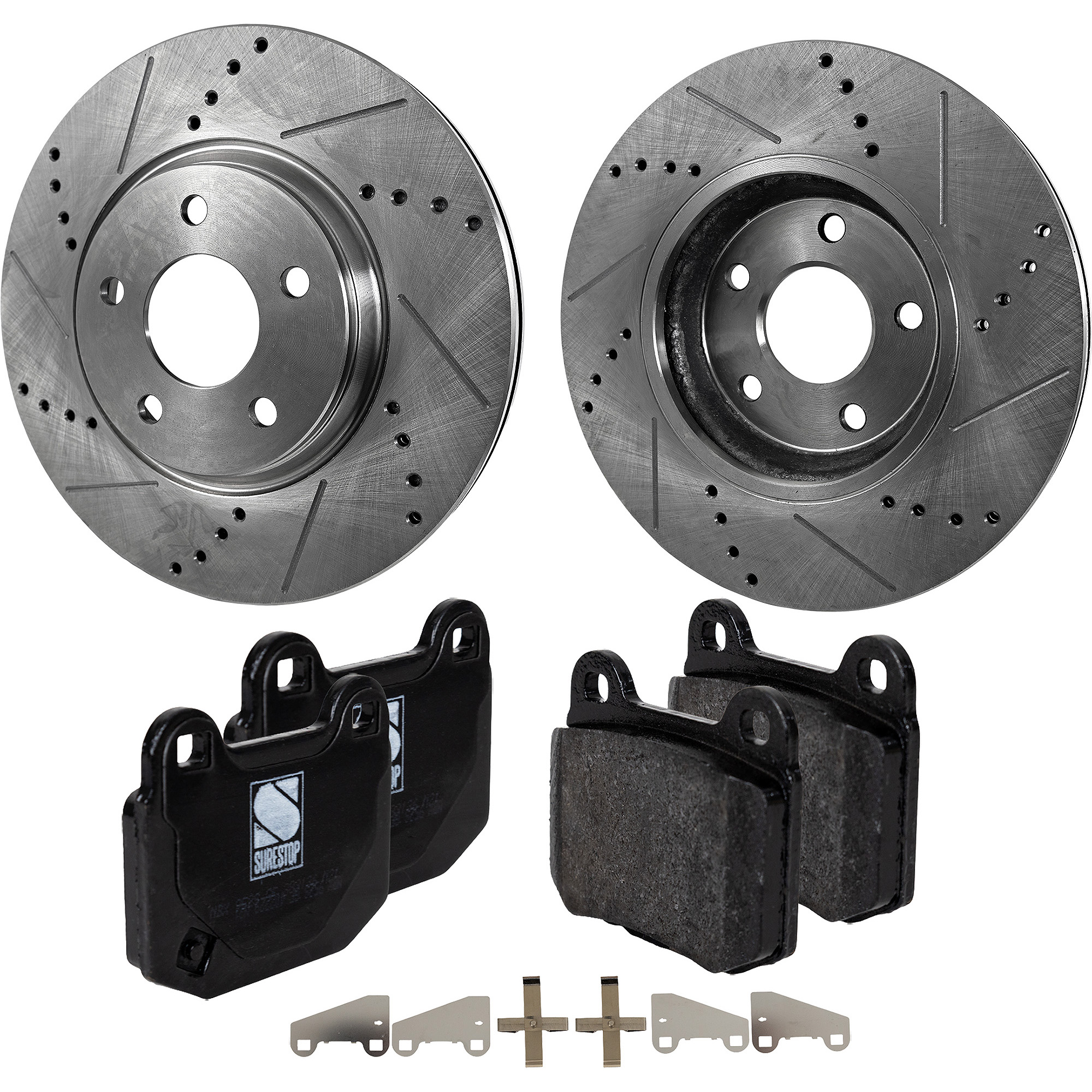 AM 350Z 06-09 REAR BRAKE DISC AND PAD KIT 4 pc Kit Cross drilled and Slotted Non Asbestos Organic SKU KIT 051223-35 OEM 31387-31530-44624-44676-083306