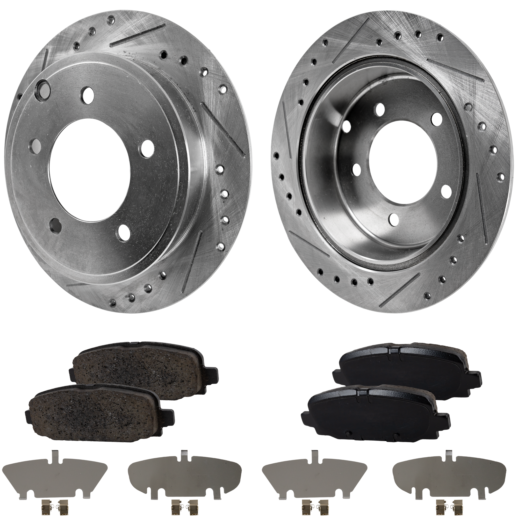 AM COMPASS 17-17 REAR BRAKE DISC AND PAD KIT 2 Wheel Set Cross drilled and Slotted Ceramic SKU KIT 051223-38 OEM 43154-44725-53036-780457-88045
