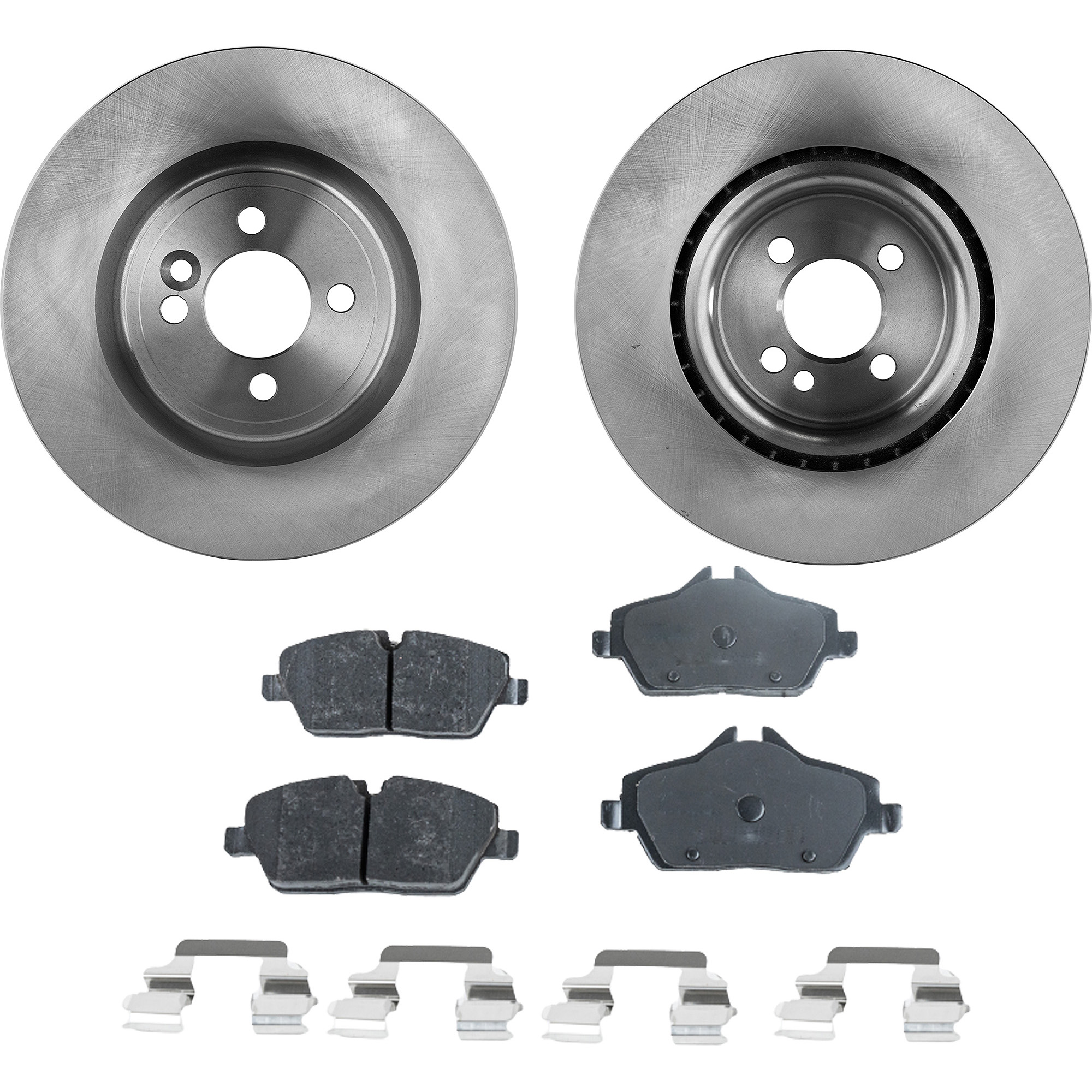 AM COOPER 09-14 FRONT BRAKE DISC AND PAD KIT 2 Wheel Set Plain Surface 4 Lugs Cast Iron Non Asbestos Organic SKU KIT 051223-42 OEM 34106784366-34106863292-341068