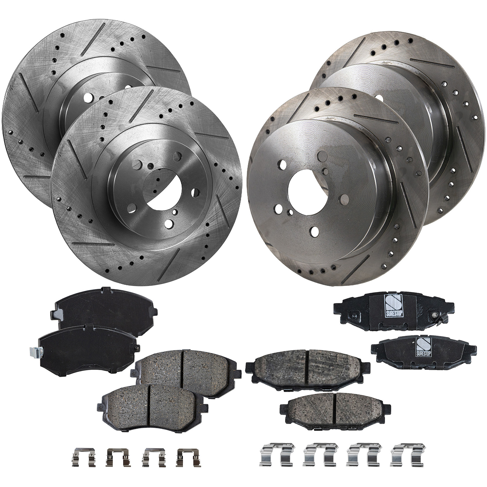 AM OUTBACK 05-09 FRONT AND REAR BRAKE DISC AND PAD KIT 4 Wheel Set Cross drilled and Slotted SKU KIT 051223-46 OEM 31407-44306-145657-0833078-083